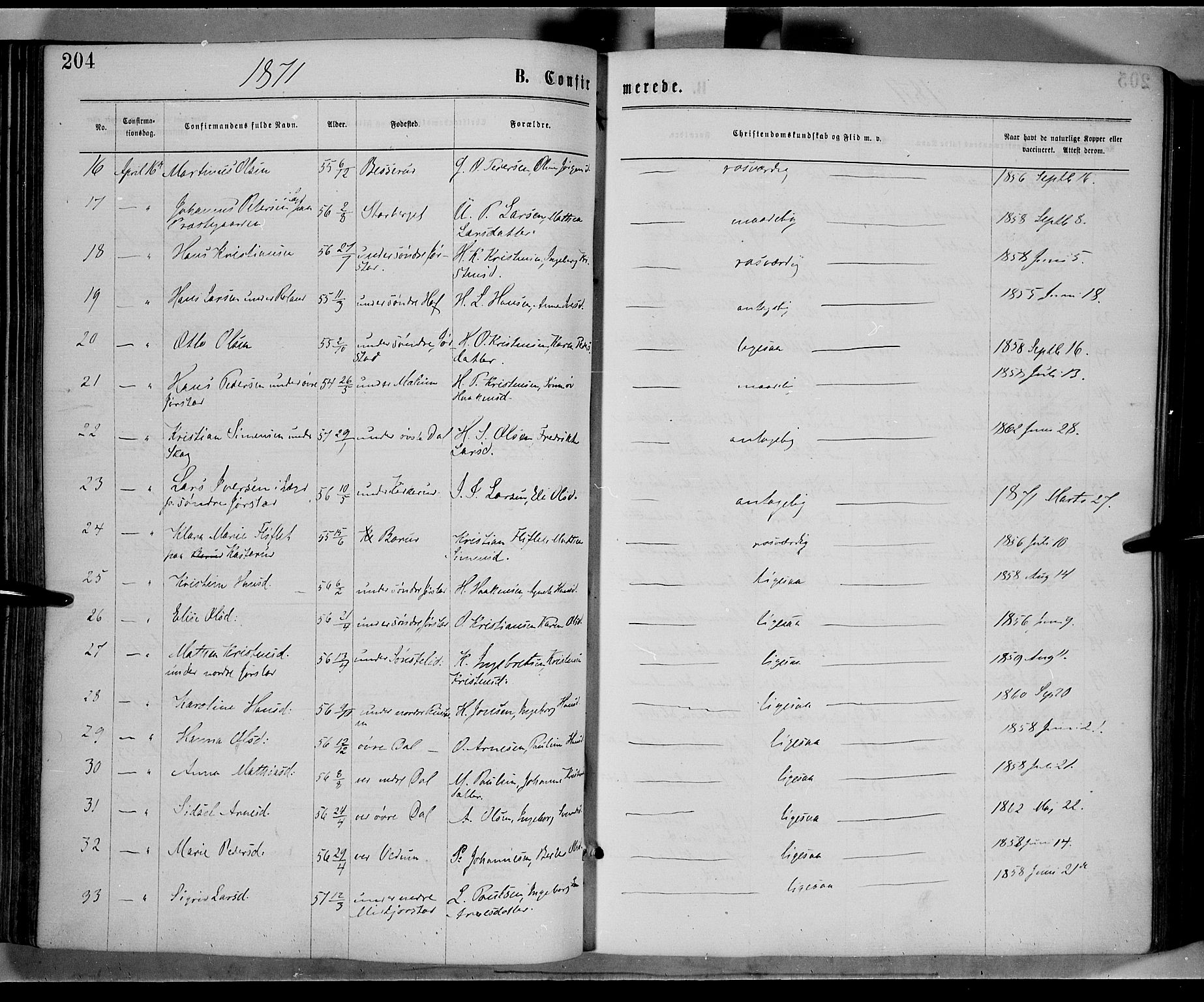 Fåberg prestekontor, AV/SAH-PREST-086/H/Ha/Haa/L0007: Ministerialbok nr. 7, 1868-1878, s. 204