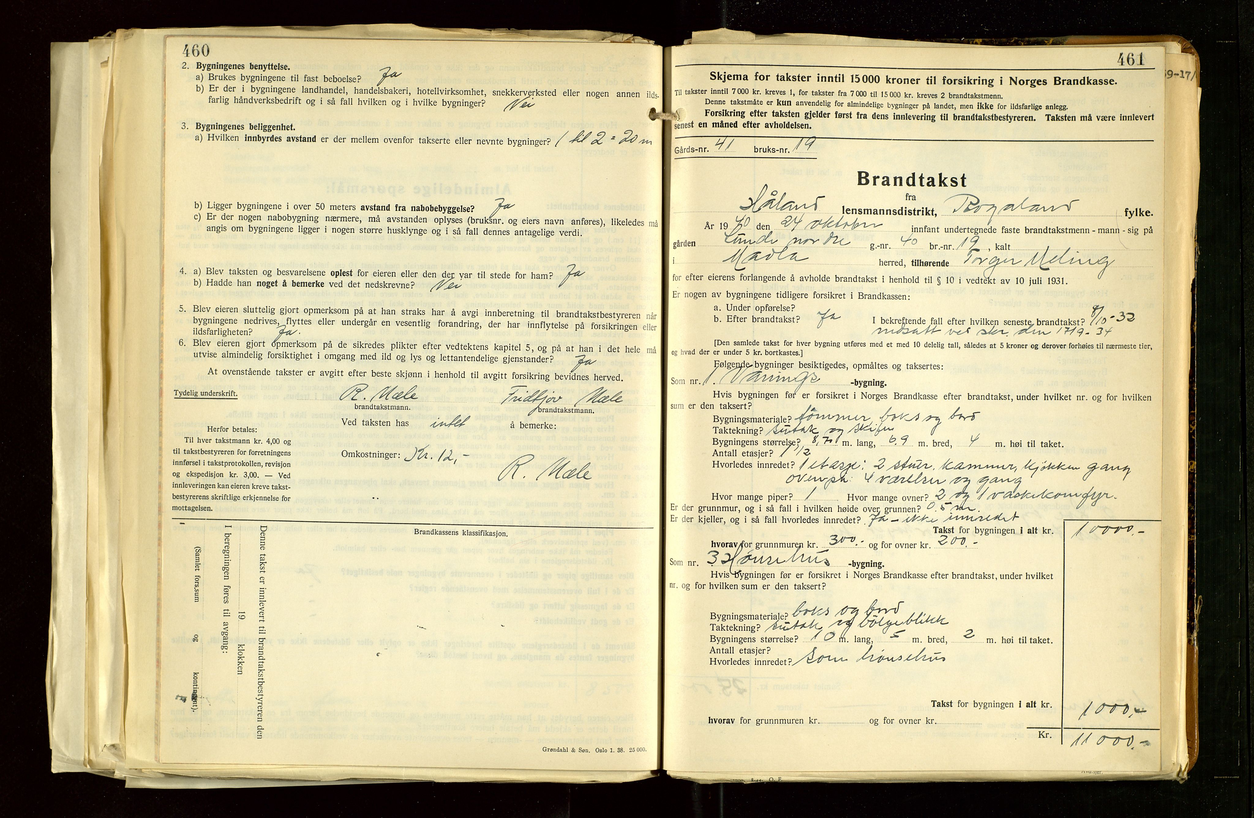 Håland lensmannskontor, AV/SAST-A-100100/Gob/L0012: "Brandtakstprotokoll" - skjematakst. Register i boken., 1938-1941, s. 460-461