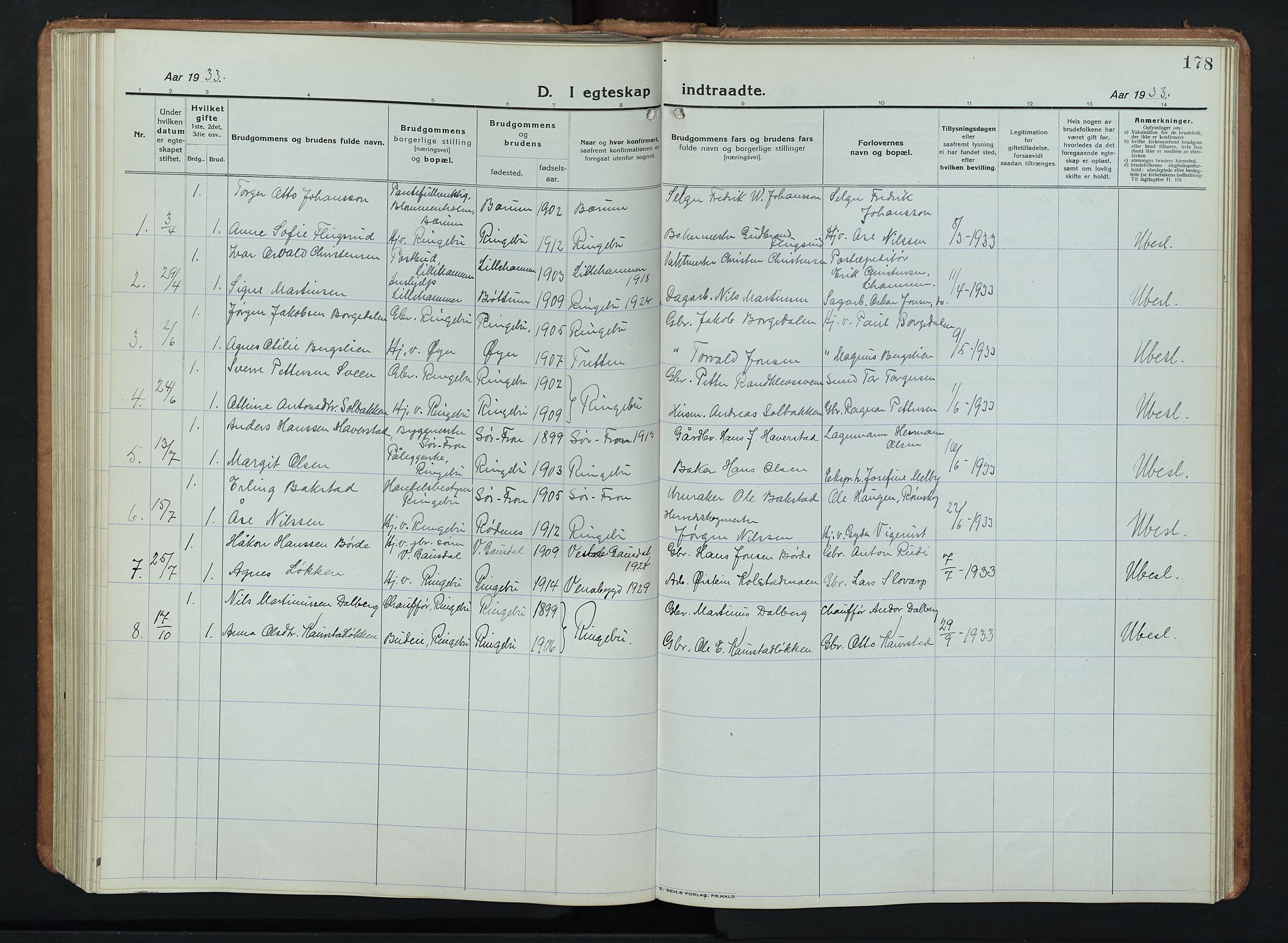 Ringebu prestekontor, AV/SAH-PREST-082/H/Ha/Hab/L0011: Klokkerbok nr. 11, 1921-1943, s. 178