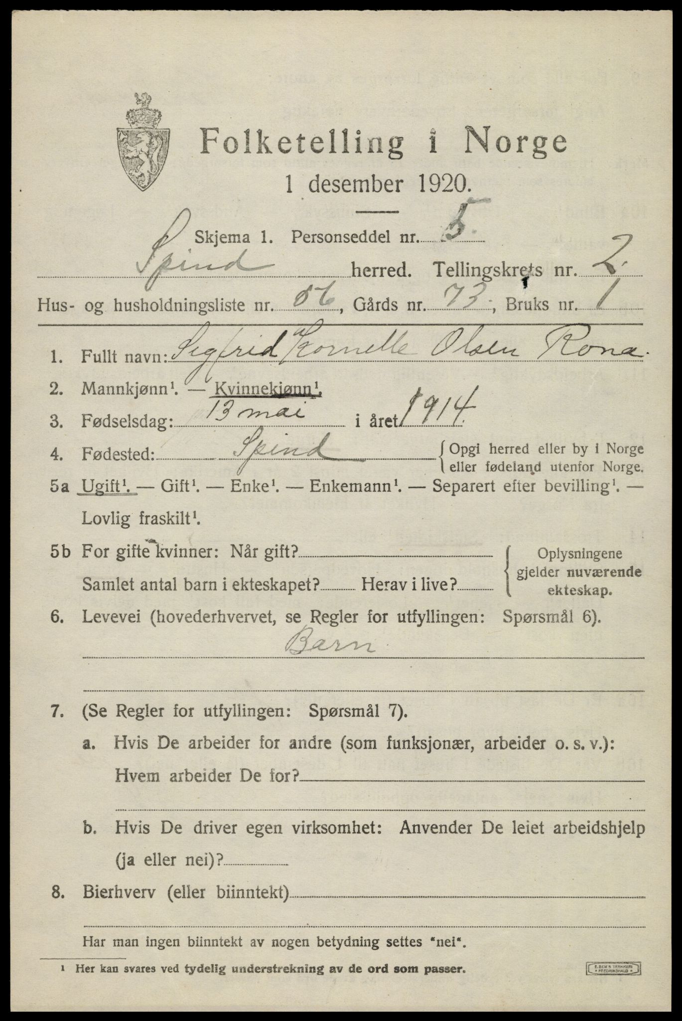 SAK, Folketelling 1920 for 1040 Spind herred, 1920, s. 1591
