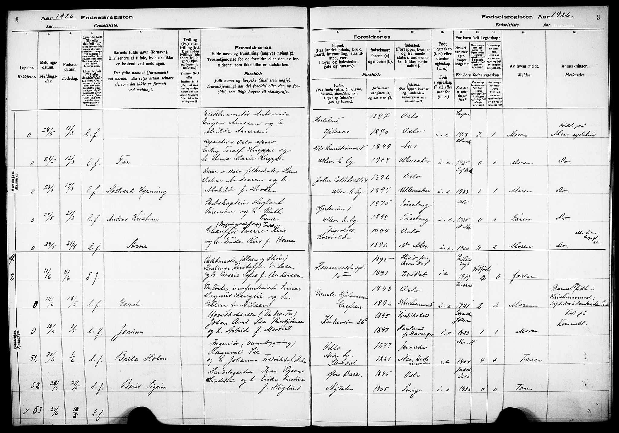 Vestre Aker prestekontor Kirkebøker, AV/SAO-A-10025/J/Ja/L0003: Fødselsregister nr. 3, 1926-1930, s. 3