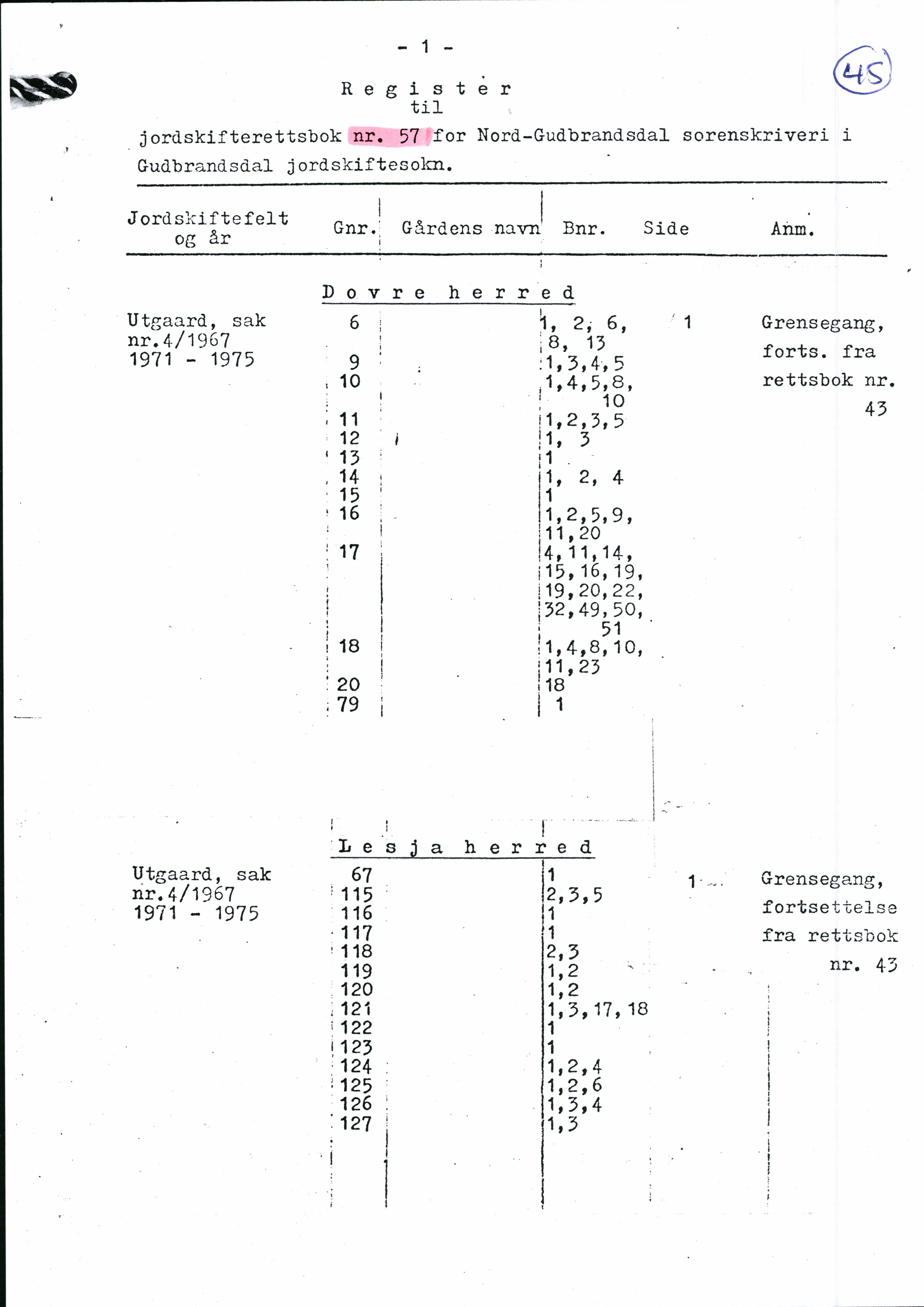 Nord-Gudbrandsdal jordskifterett, SAH/JORDSKIFTEO-005/H/Ha/L0001: Register, 1940-1995, s. 45