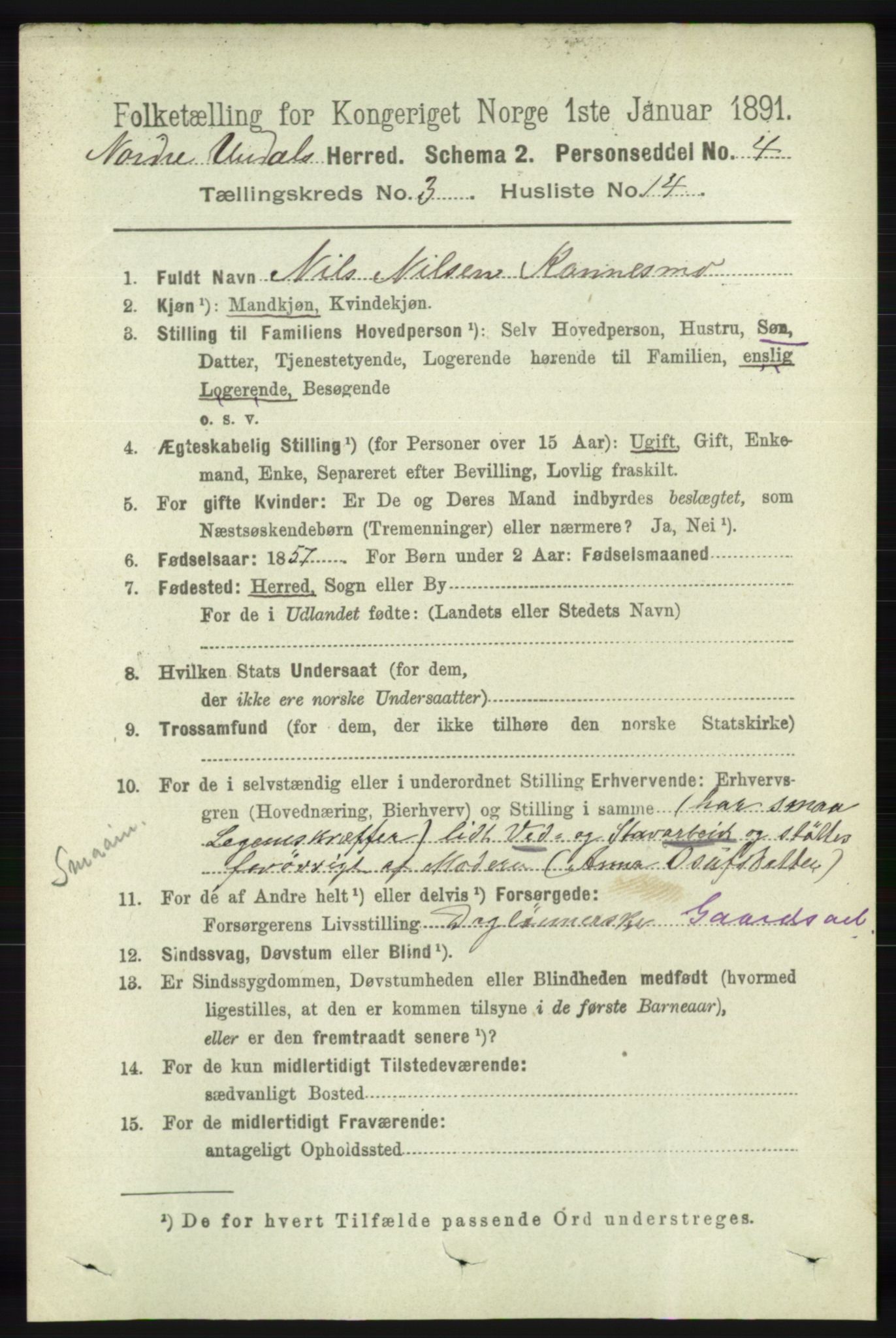 RA, Folketelling 1891 for 1028 Nord-Audnedal herred, 1891, s. 826