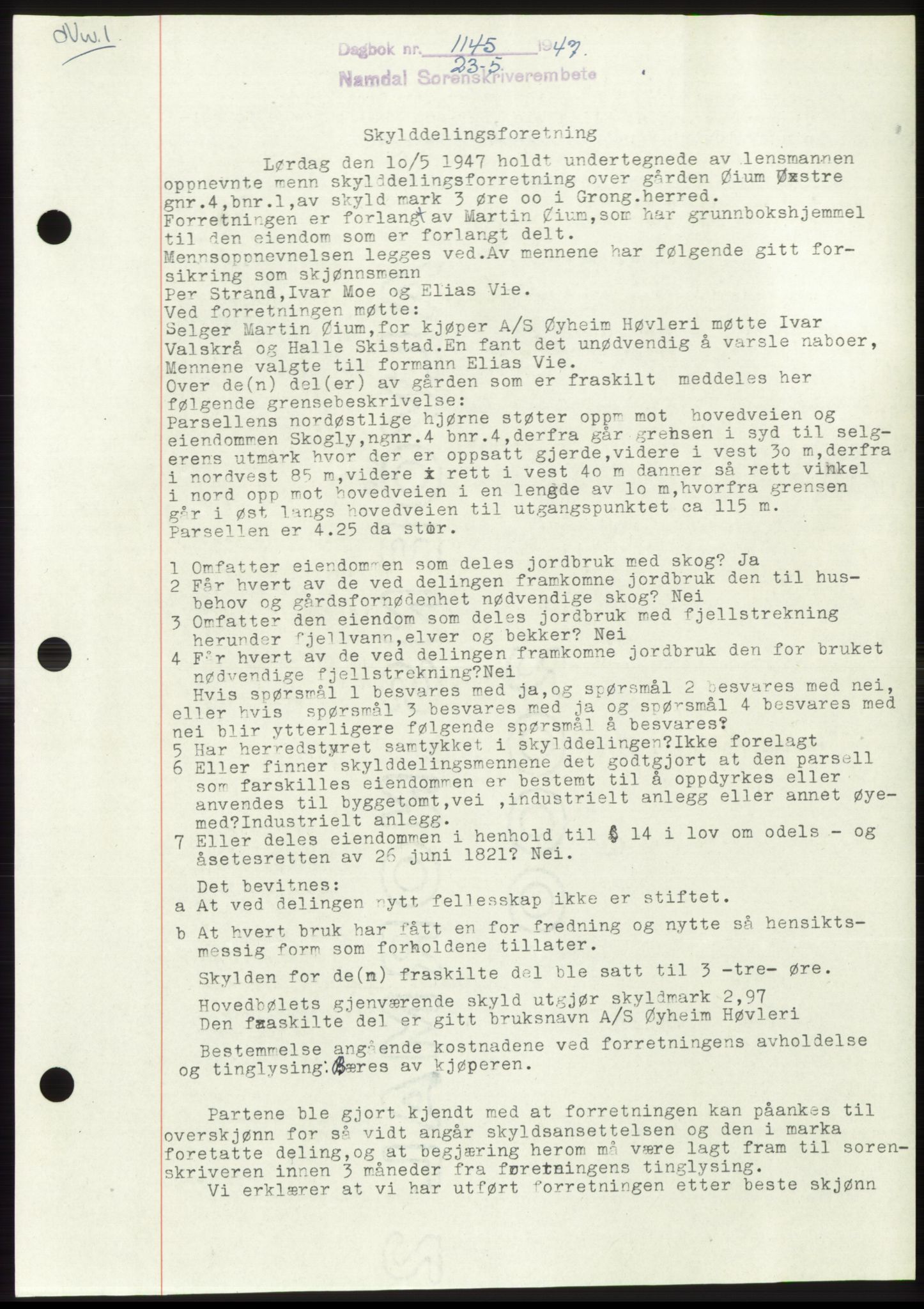 Namdal sorenskriveri, SAT/A-4133/1/2/2C: Pantebok nr. -, 1947-1947, Dagboknr: 1145/1947