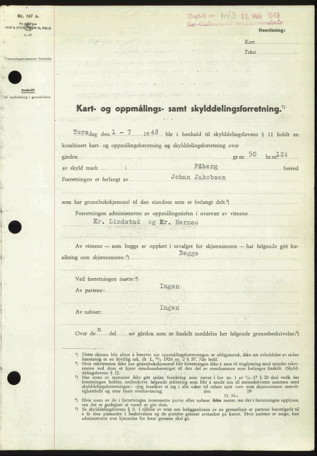 Sør-Gudbrandsdal tingrett, SAH/TING-004/H/Hb/Hbd/L0024: Pantebok nr. A24, 1948-1949, Dagboknr: 643/1949