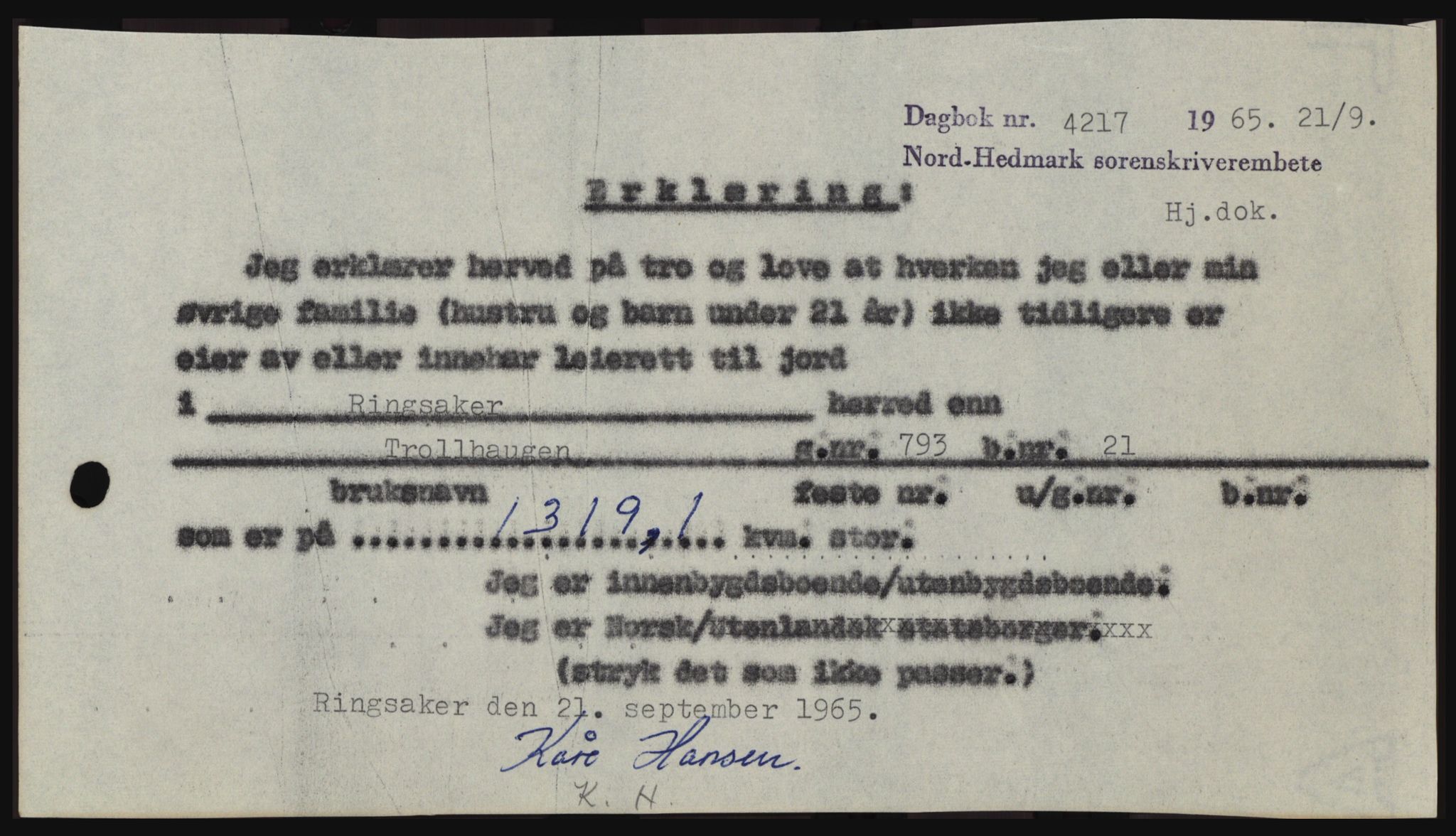 Nord-Hedmark sorenskriveri, SAH/TING-012/H/Hc/L0022: Pantebok nr. 22, 1965-1965, Dagboknr: 4217/1965