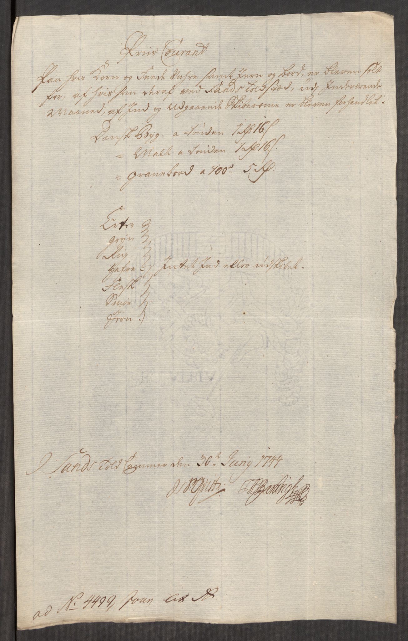 Rentekammeret inntil 1814, Realistisk ordnet avdeling, AV/RA-EA-4070/Oe/L0002: [Ø1]: Priskuranter, 1740-1744, s. 869