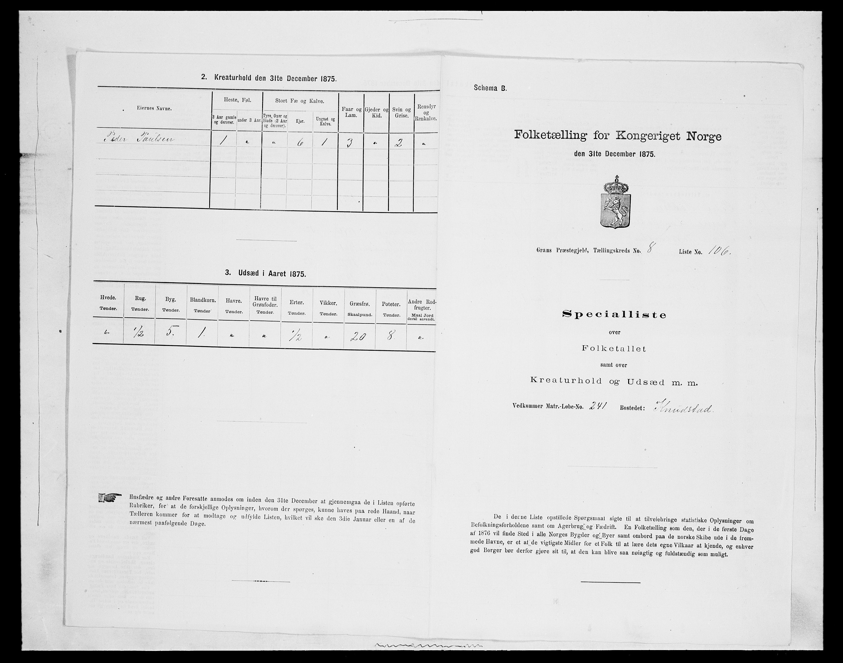 SAH, Folketelling 1875 for 0534P Gran prestegjeld, 1875, s. 1692