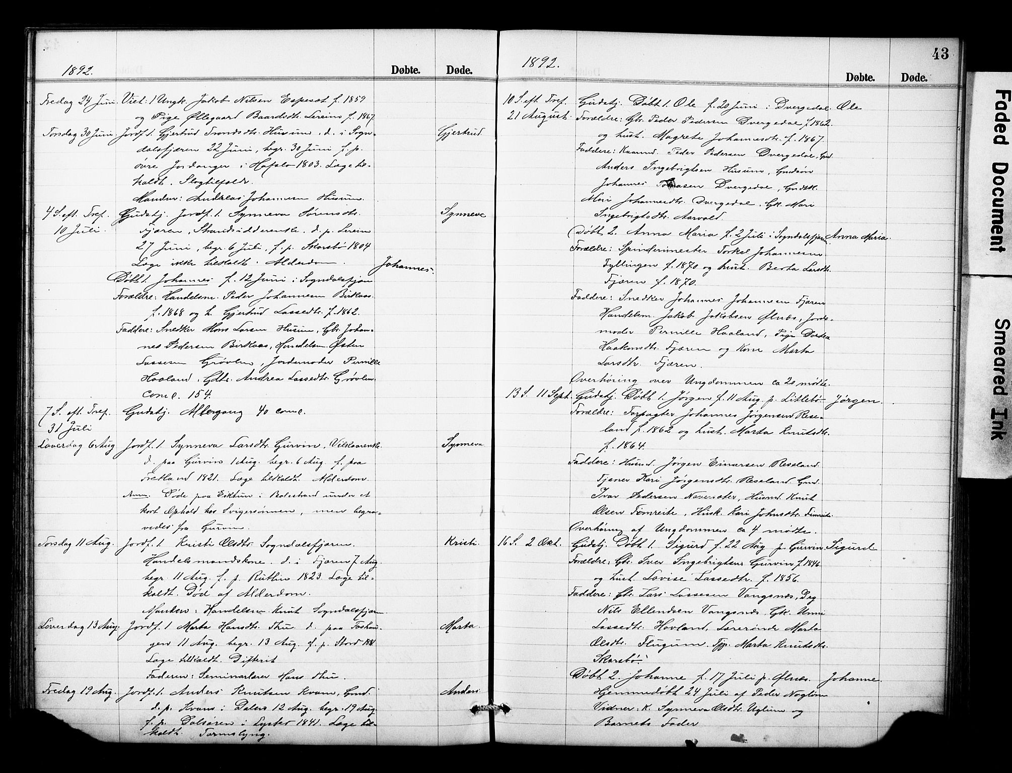 Sogndal sokneprestembete, AV/SAB-A-81301/H/Hab/Haba/L0001: Klokkerbok nr. A 1, 1887-1907, s. 43