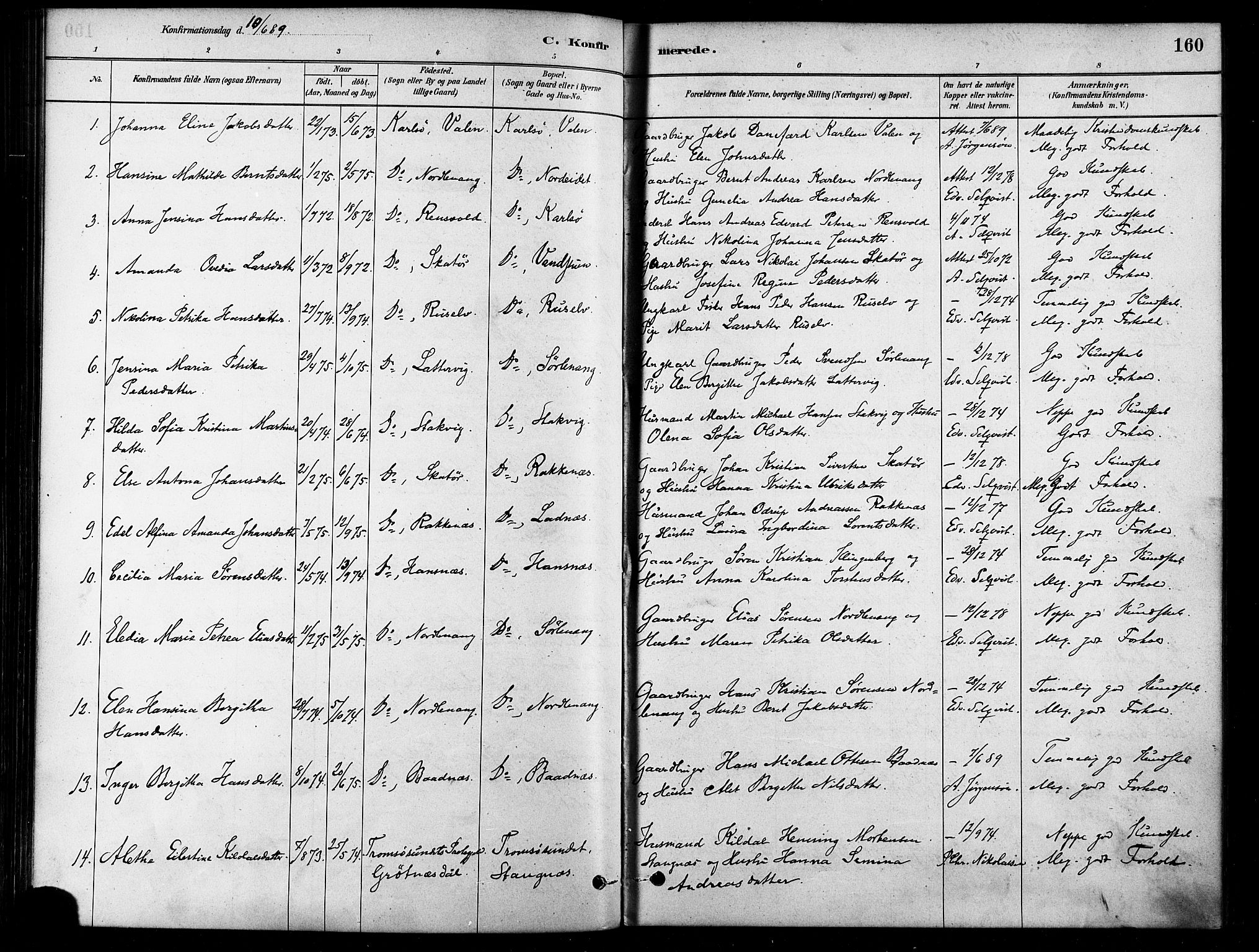 Karlsøy sokneprestembete, AV/SATØ-S-1299/H/Ha/Haa/L0006kirke: Ministerialbok nr. 6, 1879-1890, s. 160
