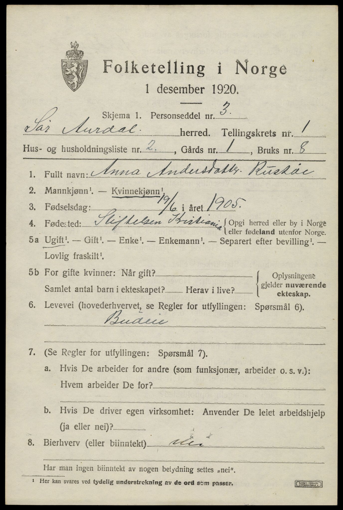 SAH, Folketelling 1920 for 0540 Sør-Aurdal herred, 1920, s. 1533