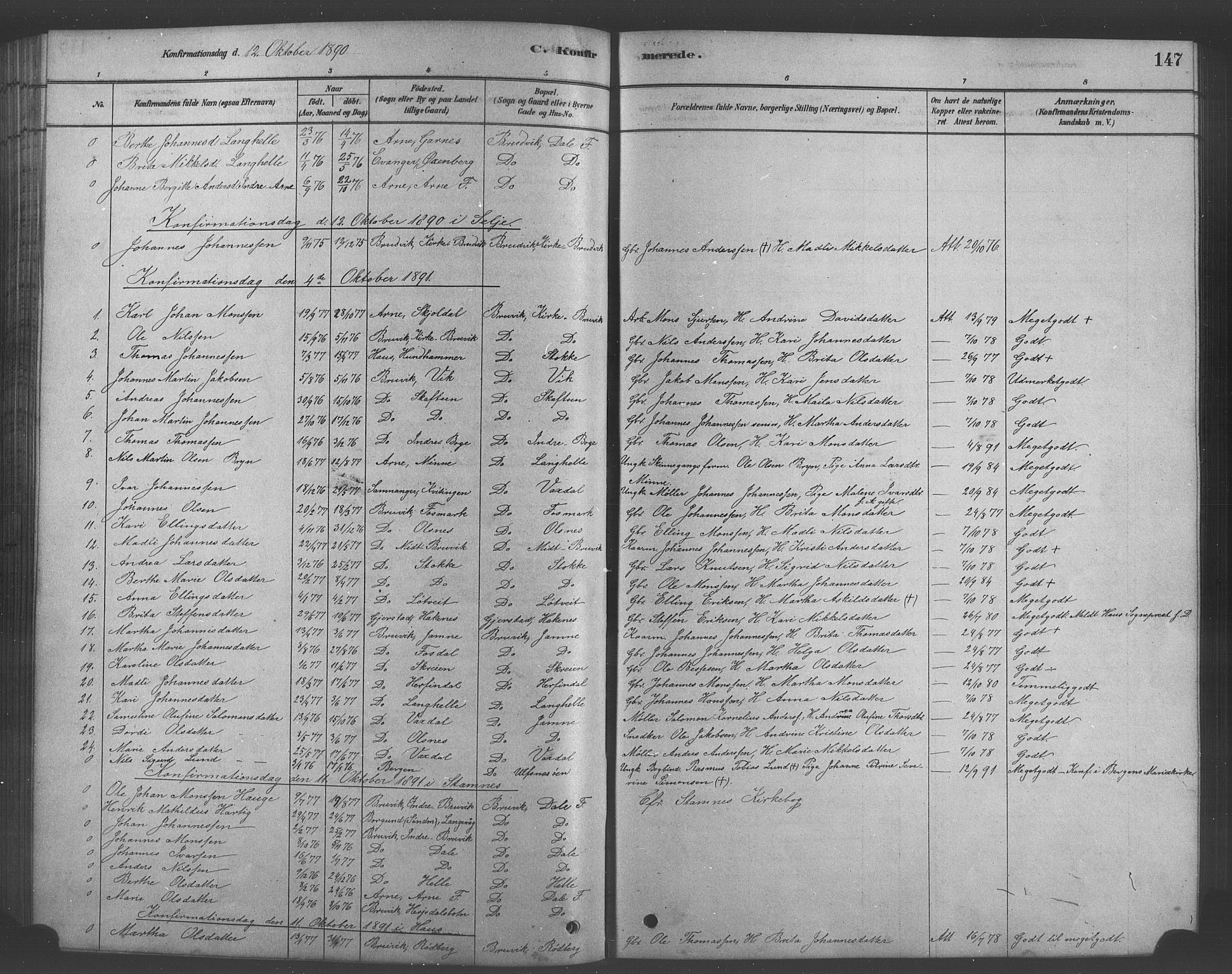 Bruvik Sokneprestembete, AV/SAB-A-74701/H/Hab: Klokkerbok nr. A 1, 1878-1907, s. 147