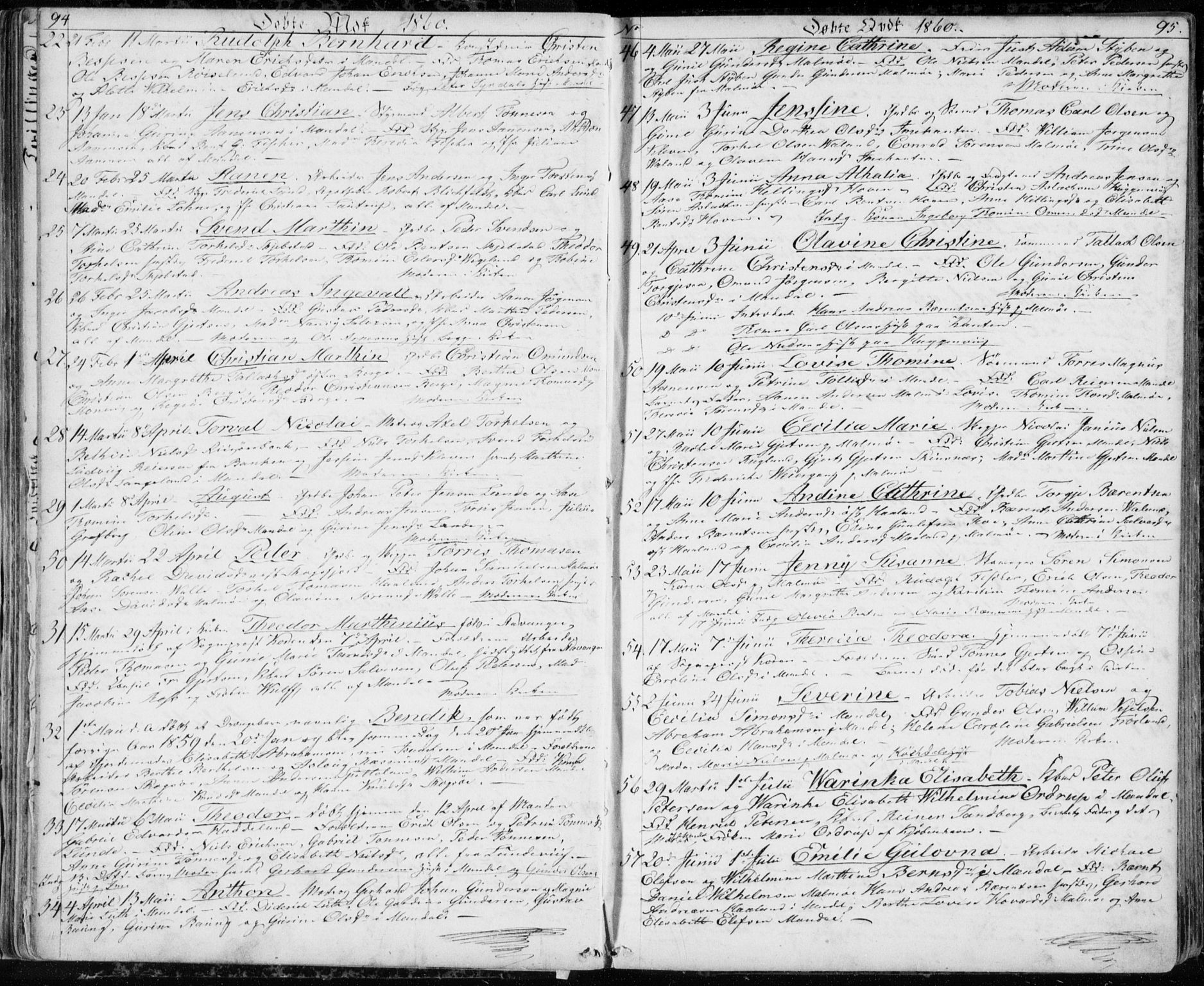 Mandal sokneprestkontor, AV/SAK-1111-0030/F/Fb/Fba/L0008: Klokkerbok nr. B 2, 1854-1868, s. 94-95