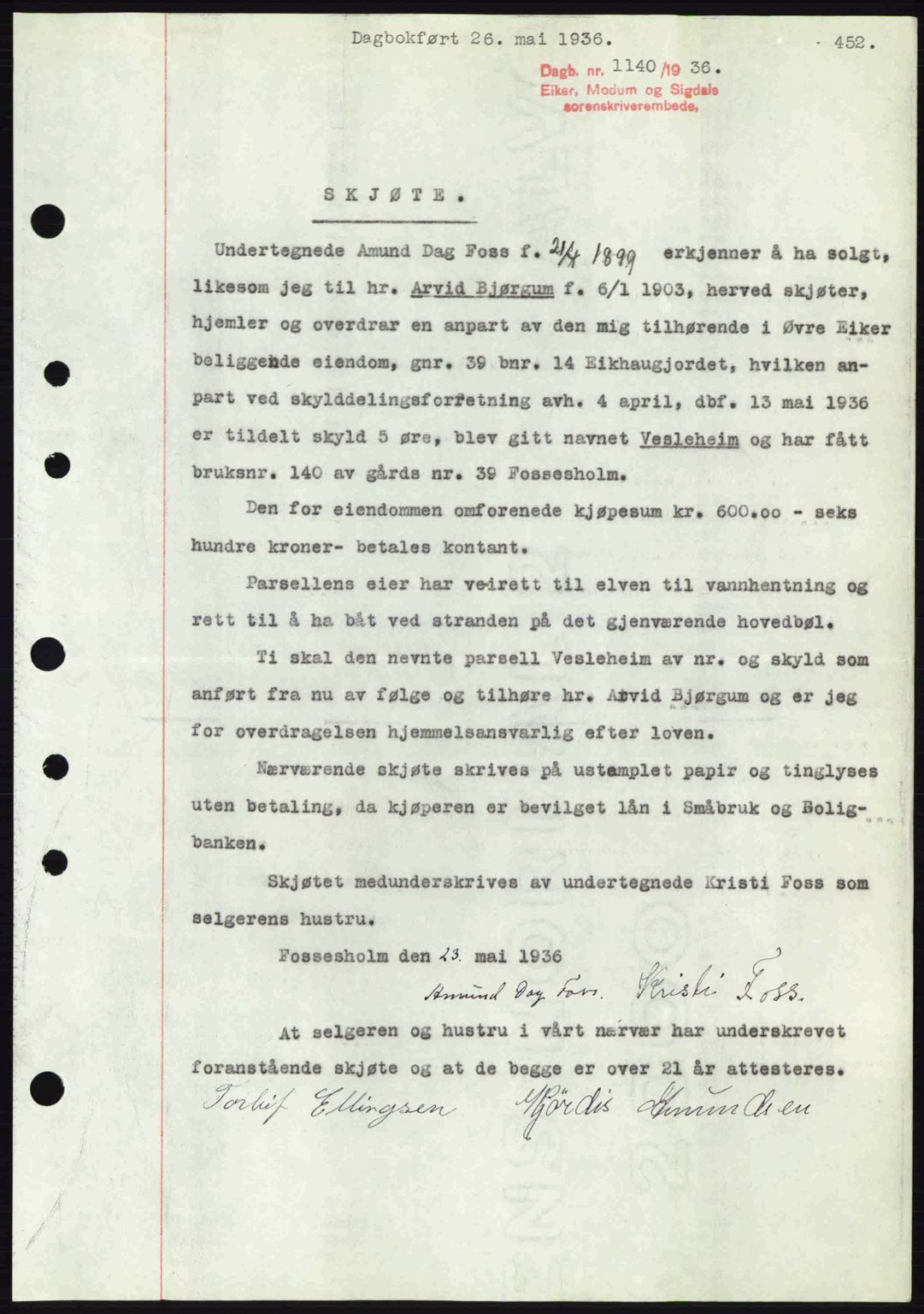 Eiker, Modum og Sigdal sorenskriveri, SAKO/A-123/G/Ga/Gab/L0032: Pantebok nr. A2, 1936-1936, Dagboknr: 1140/1936