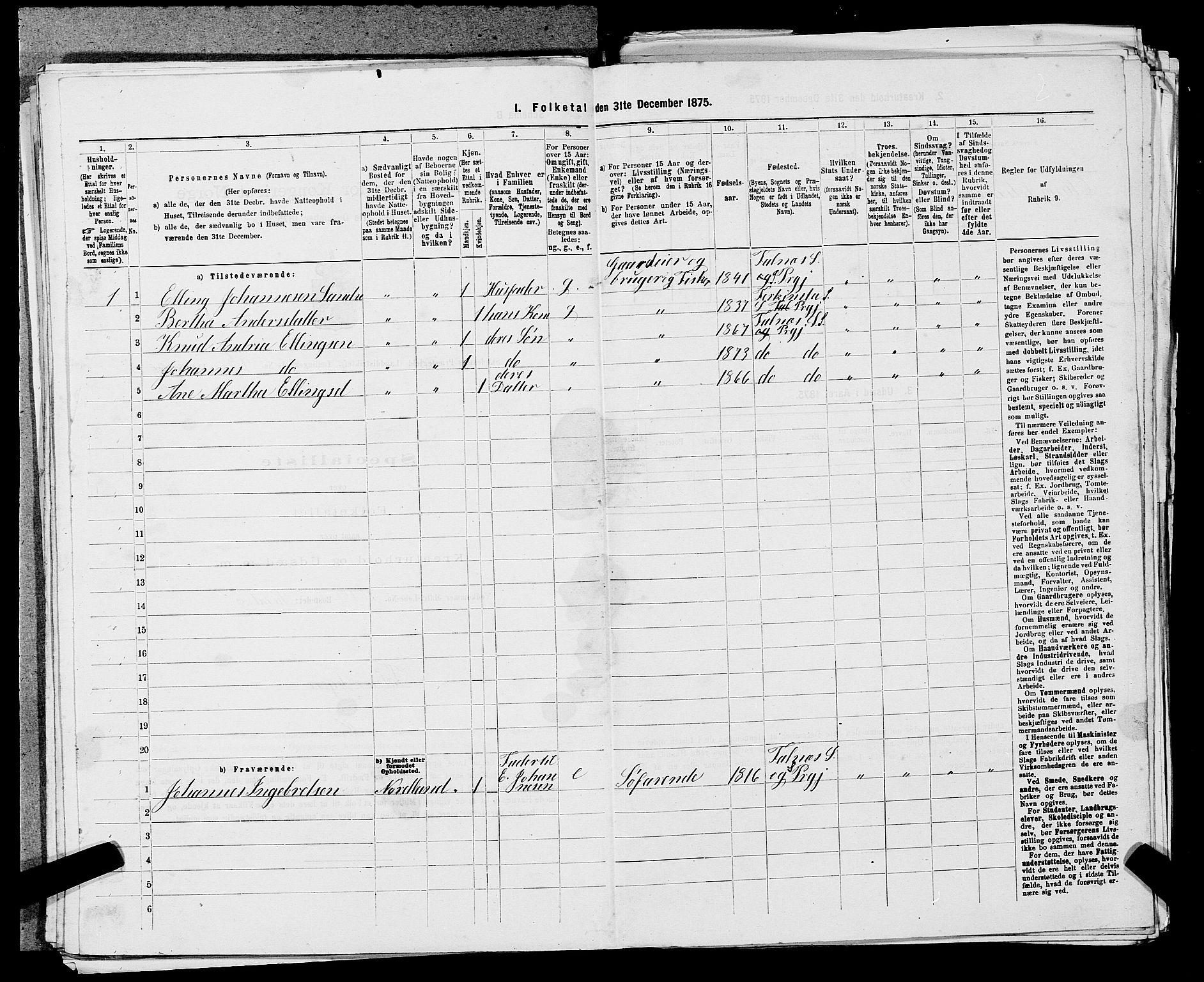 SAST, Folketelling 1875 for 1150L Skudenes prestegjeld, Falnes sokn, Åkra sokn og Ferkingstad sokn, 1875, s. 1223