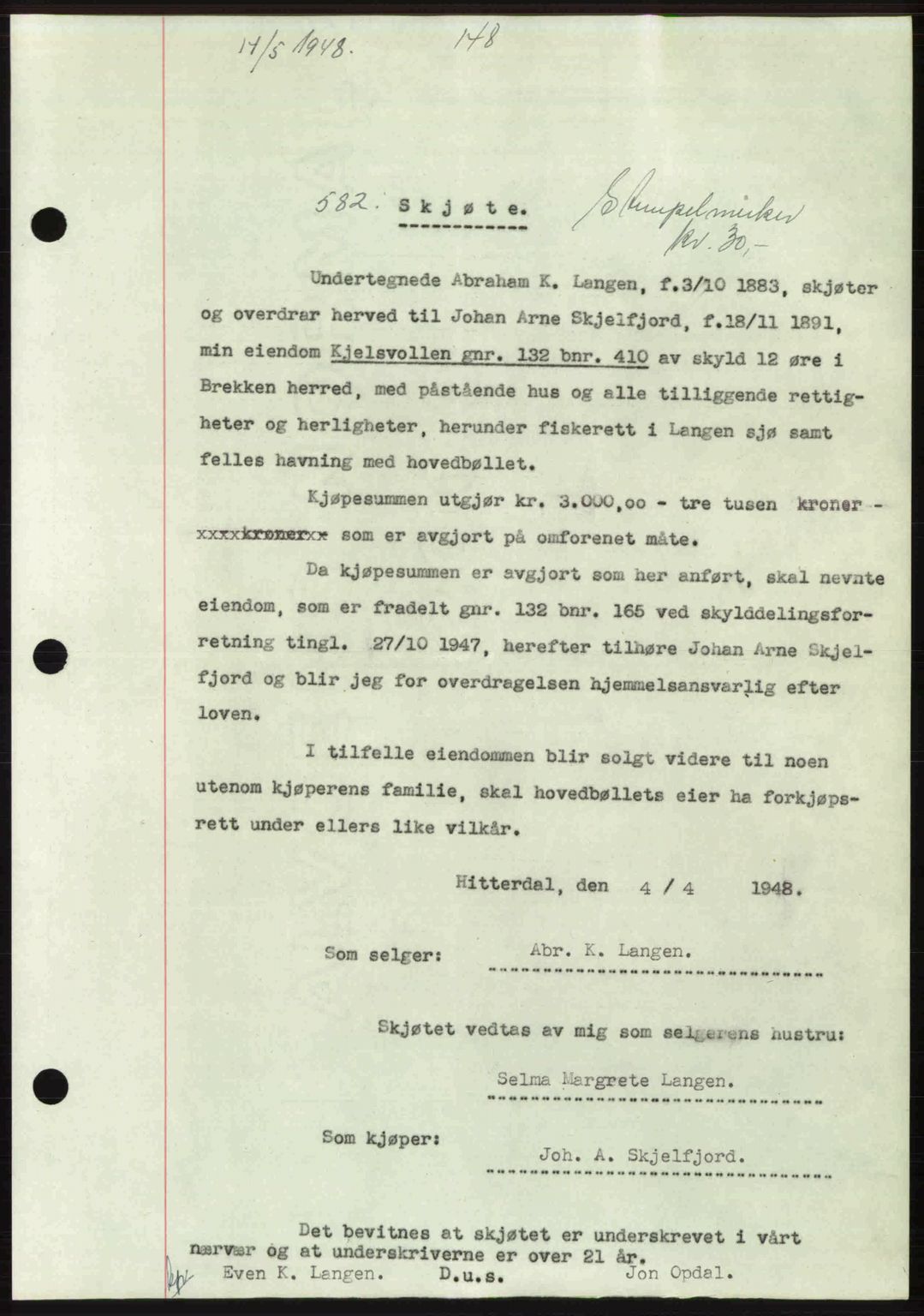 Gauldal sorenskriveri, SAT/A-0014/1/2/2C: Pantebok nr. A5, 1947-1948, Dagboknr: 582/1948