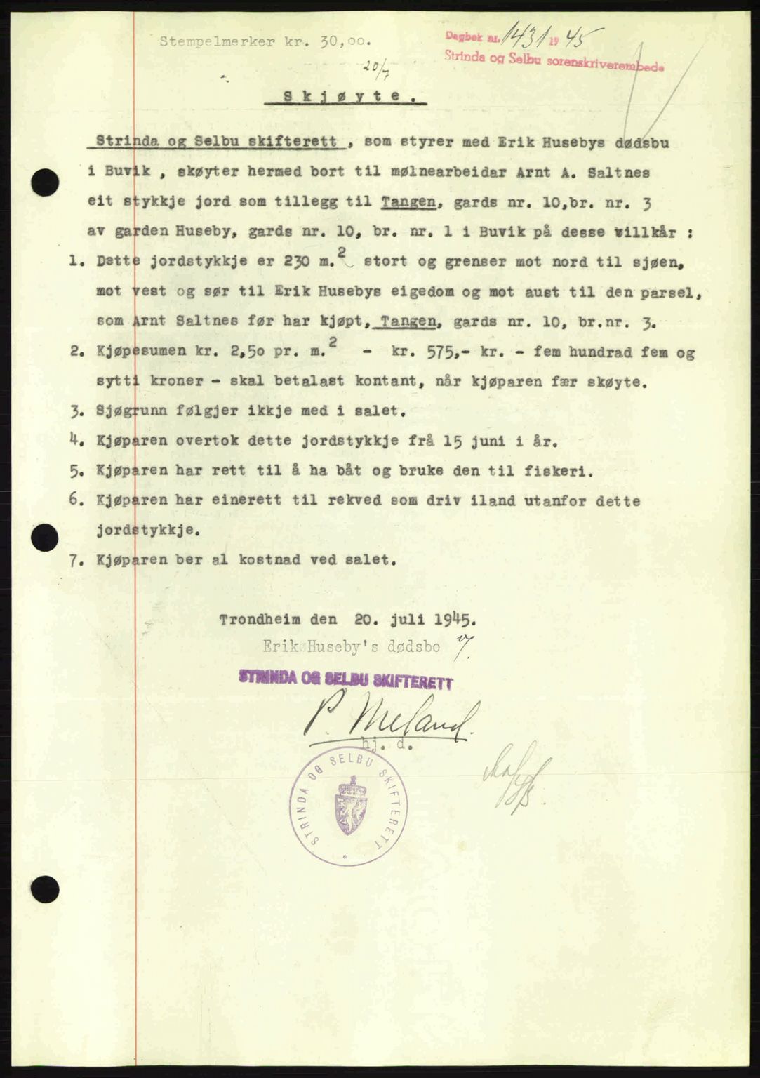 Strinda og Selbu sorenskriveri, SAT/A-0015/2/2C: Pantebok nr. A9, 1944-1945, Dagboknr: 1431/1945