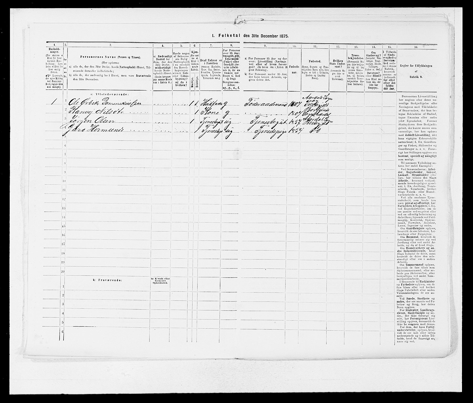 SAB, Folketelling 1875 for 1424P Årdal prestegjeld, 1875, s. 16