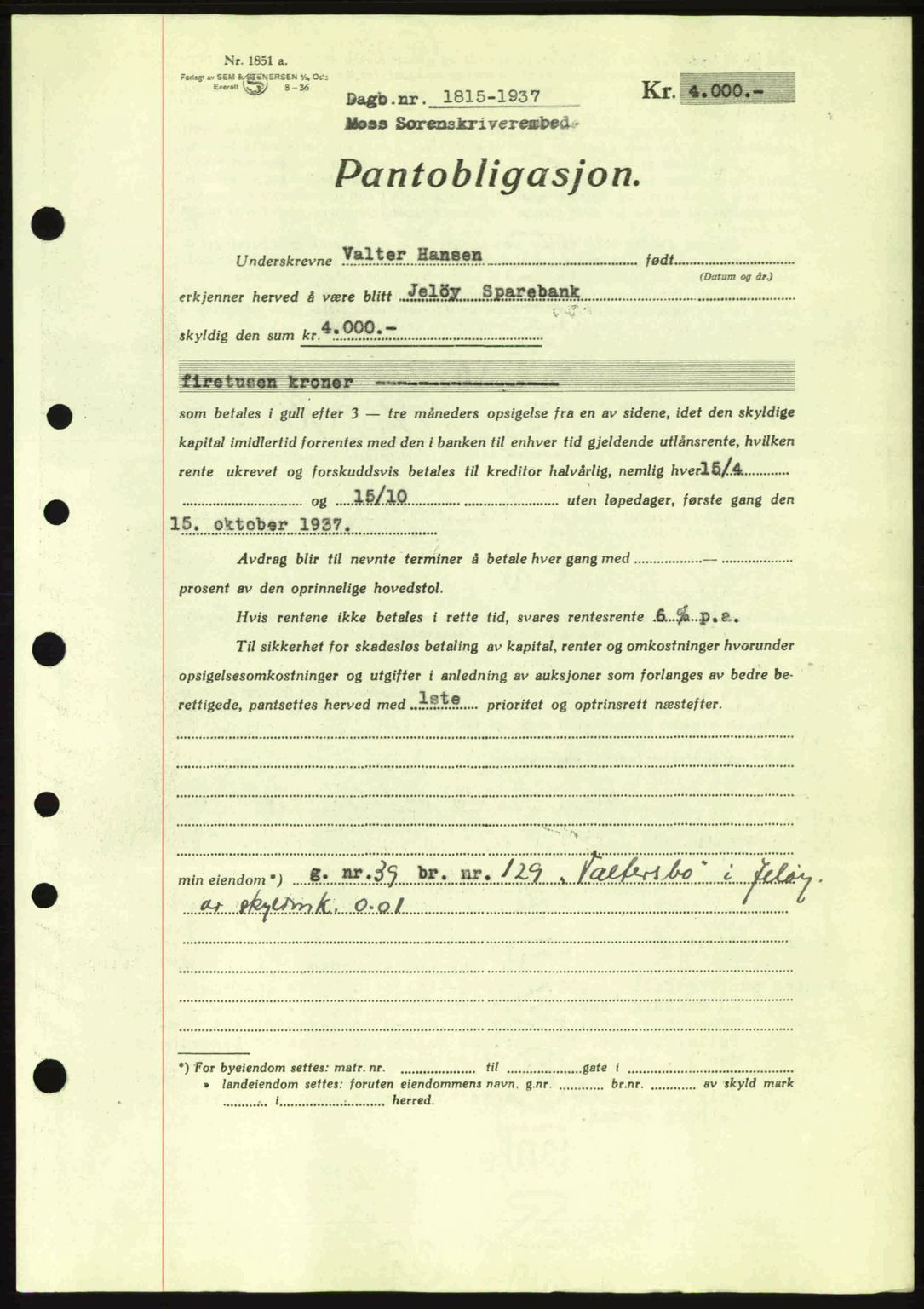 Moss sorenskriveri, SAO/A-10168: Pantebok nr. B4, 1937-1938, Dagboknr: 1815/1937