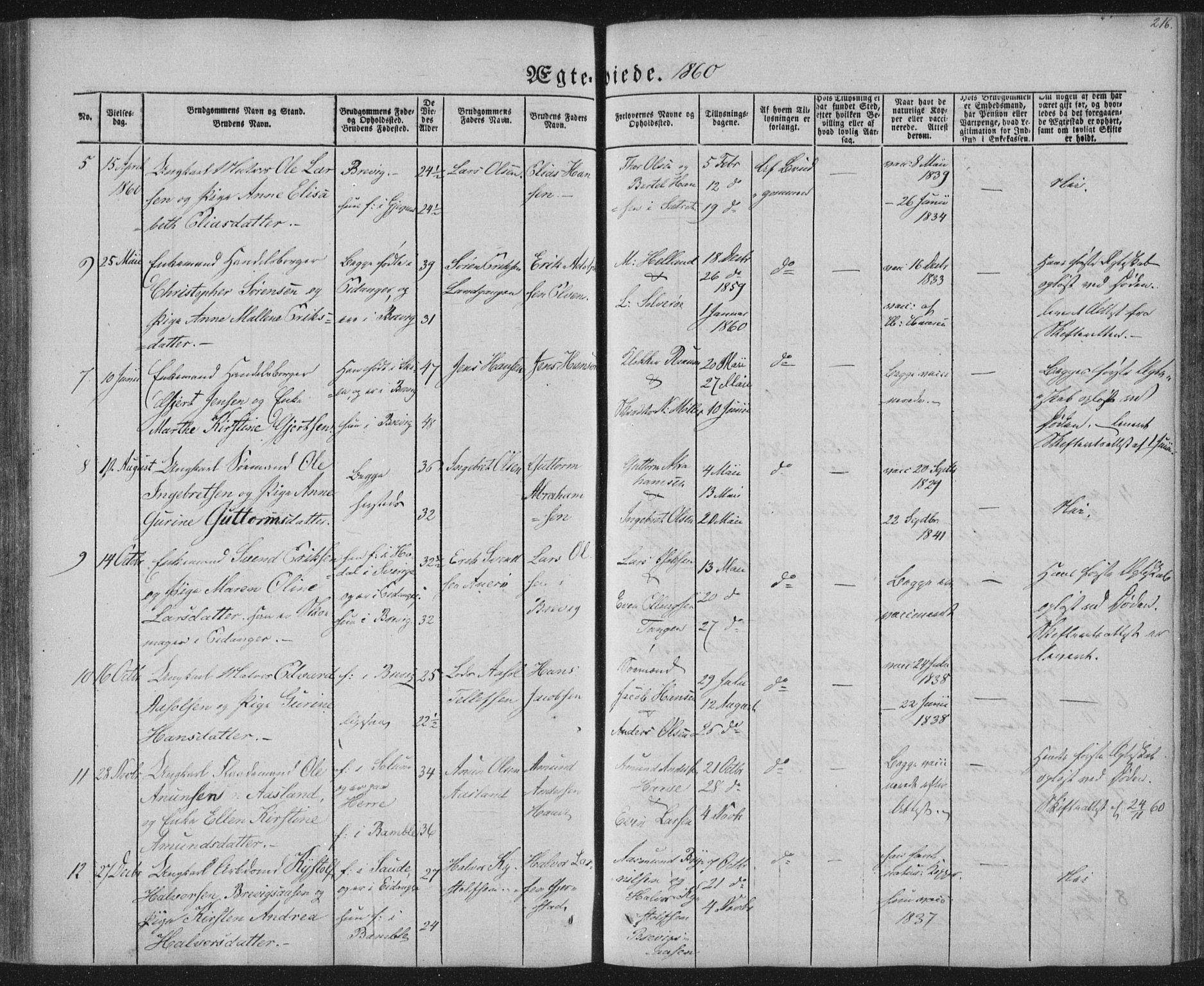 Brevik kirkebøker, AV/SAKO-A-255/F/Fa/L0005: Ministerialbok nr. 5, 1847-1865, s. 216