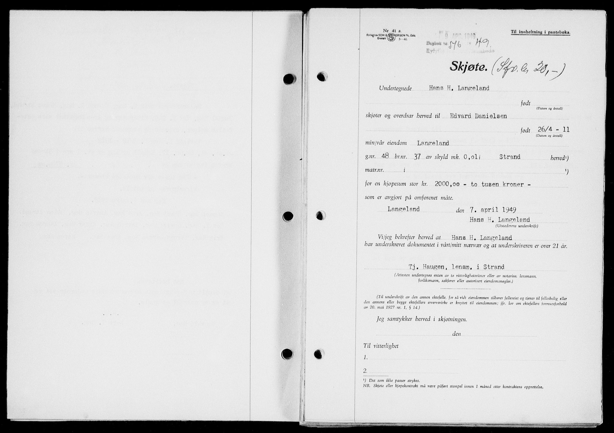 Ryfylke tingrett, SAST/A-100055/001/II/IIB/L0104: Pantebok nr. 83, 1948-1949, Dagboknr: 516/1949