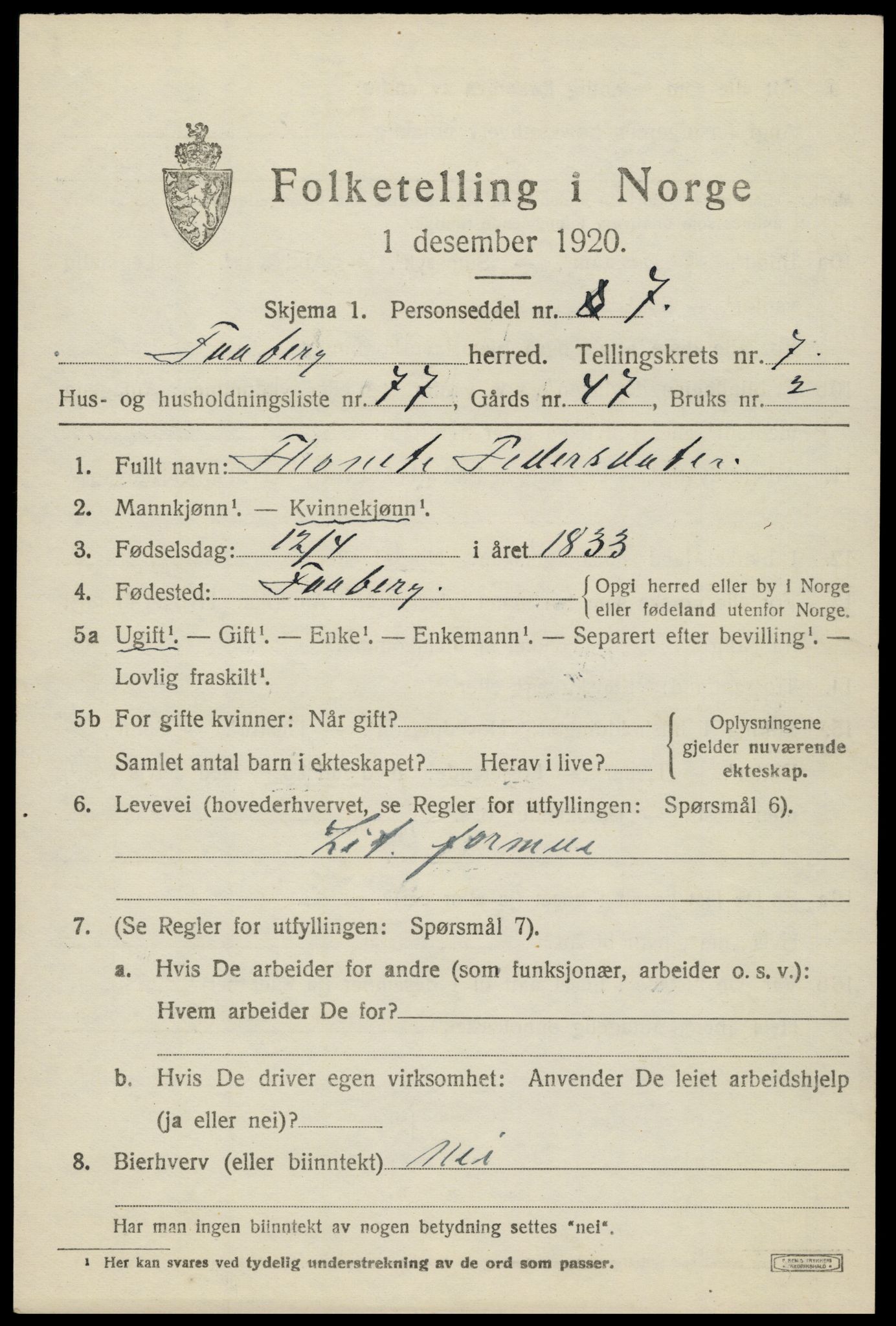 SAH, Folketelling 1920 for 0524 Fåberg herred, 1920, s. 9200