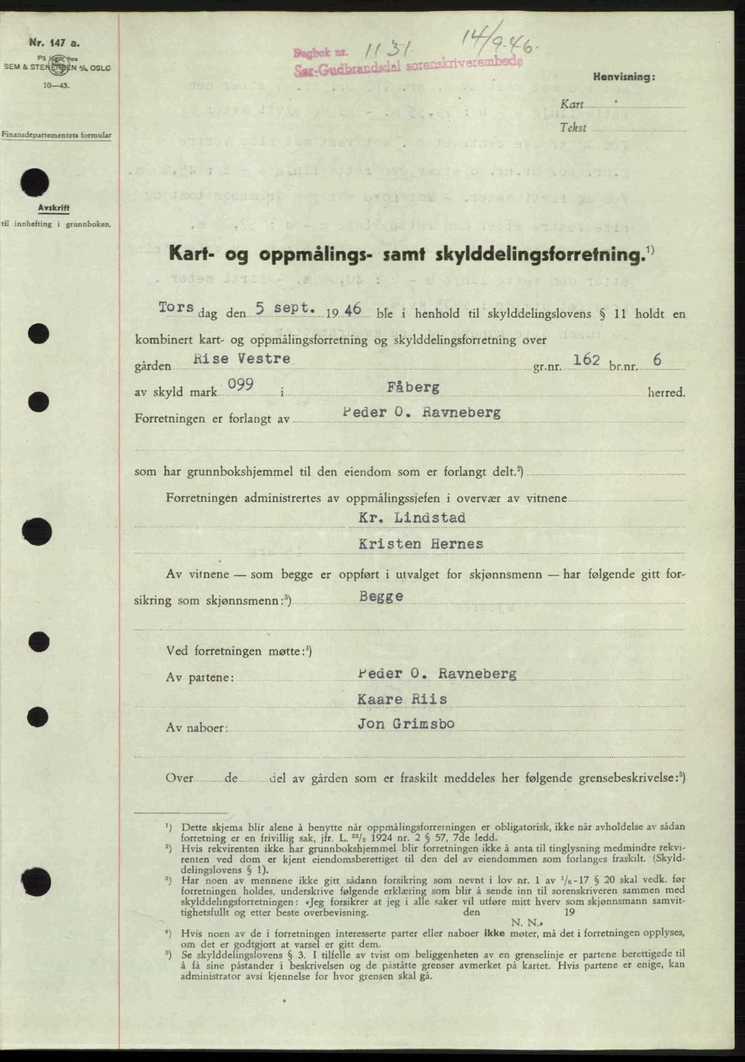 Sør-Gudbrandsdal tingrett, SAH/TING-004/H/Hb/Hbd/L0016: Pantebok nr. A16, 1946-1946, Dagboknr: 1131/1946