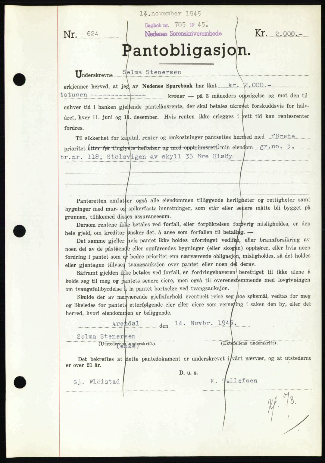 Nedenes sorenskriveri, SAK/1221-0006/G/Gb/Gbb/L0003: Pantebok nr. B3a, 1945-1945, Dagboknr: 785/1945
