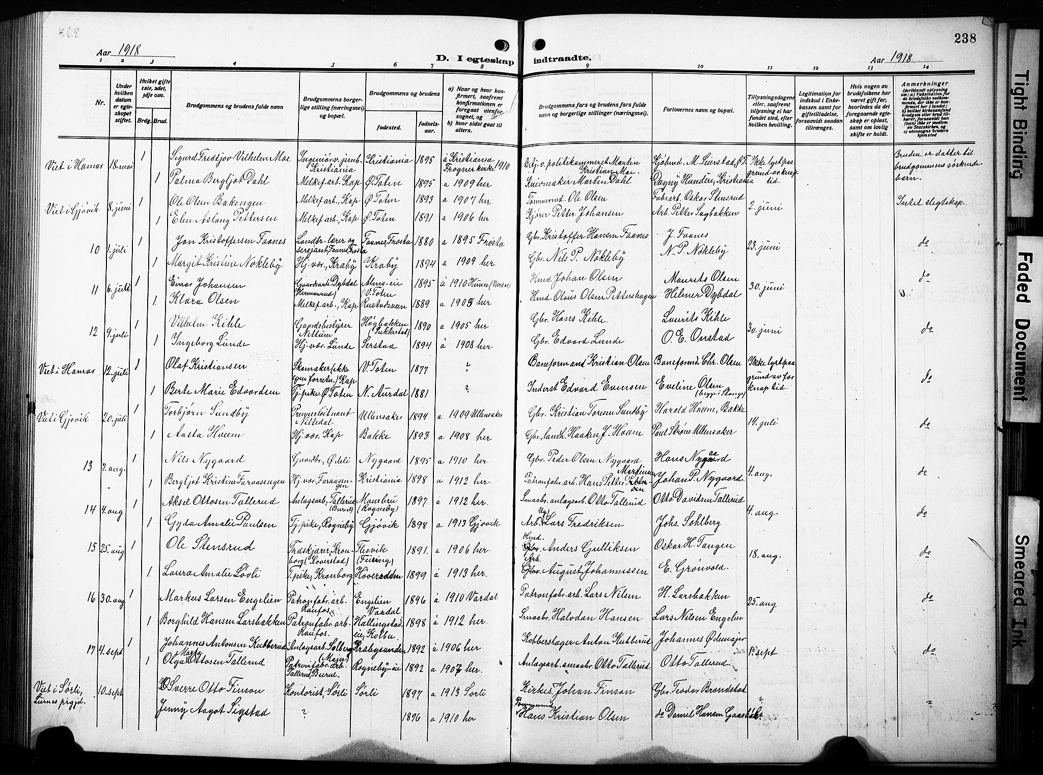 Østre Toten prestekontor, AV/SAH-PREST-104/H/Ha/Hab/L0010: Klokkerbok nr. 10, 1912-1933, s. 238