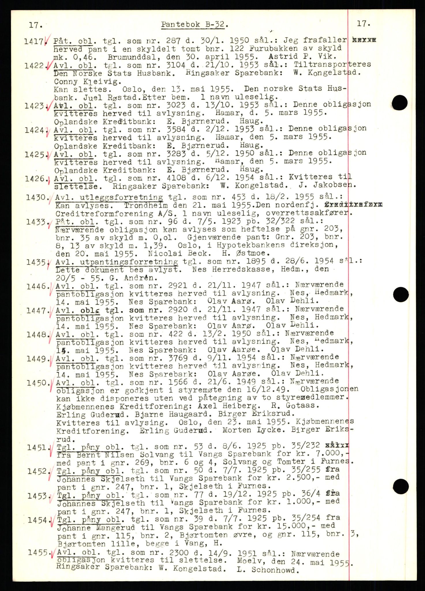 Nord-Hedmark sorenskriveri, SAH/TING-012/H/Hb/Hbf/L0032: Pantebok nr. B32, 1955-1955, Dagboknr: 1417/1955