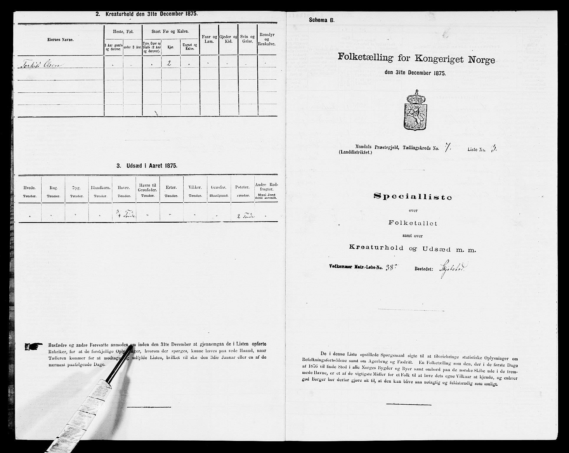 SAK, Folketelling 1875 for 1019L Mandal prestegjeld, Halse sokn og Harkmark sokn, 1875, s. 1018