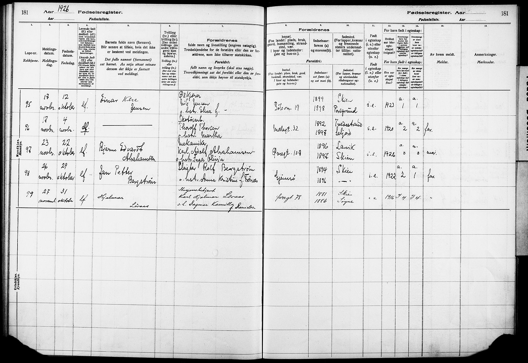 Skien kirkebøker, AV/SAKO-A-302/J/Ja/L0002: Fødselsregister nr. 2, 1921-1927, s. 181