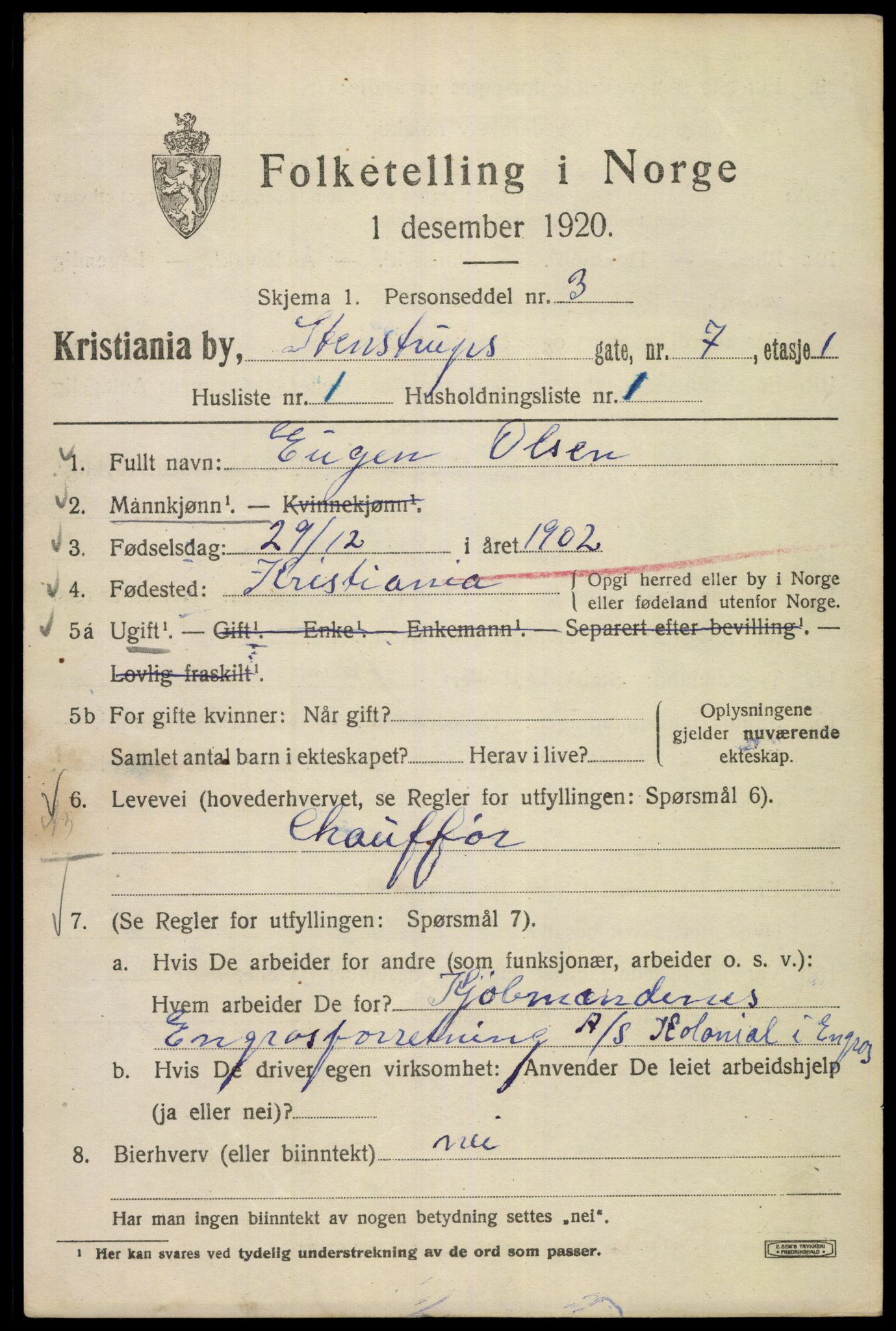 SAO, Folketelling 1920 for 0301 Kristiania kjøpstad, 1920, s. 537967