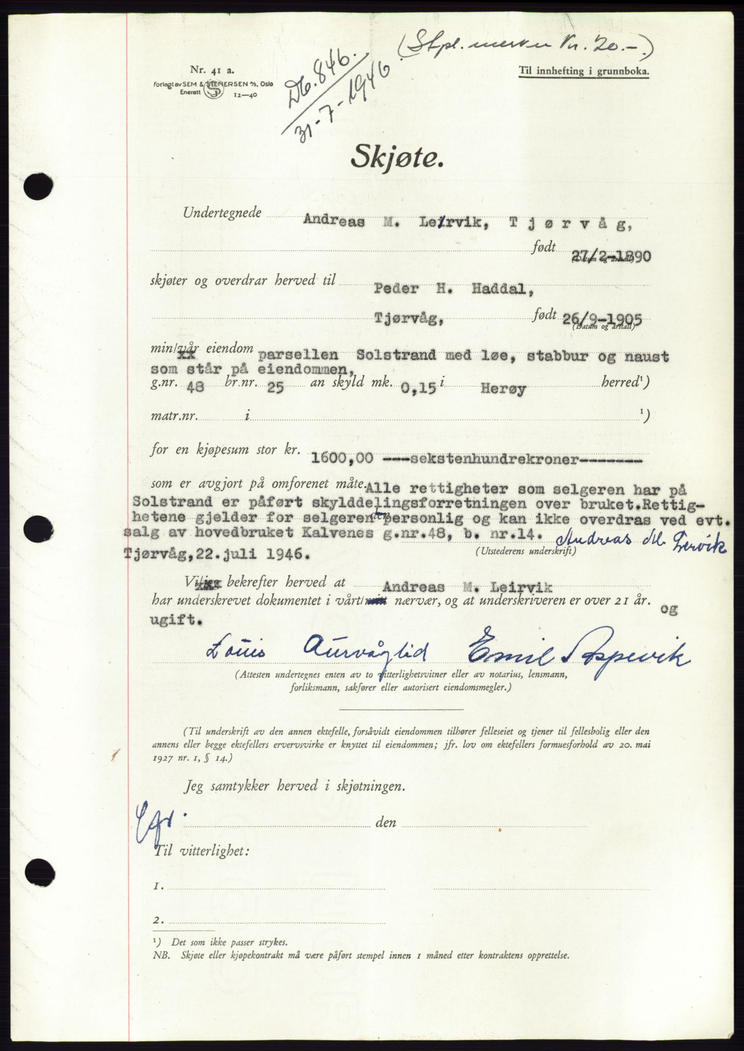 Søre Sunnmøre sorenskriveri, SAT/A-4122/1/2/2C/L0078: Pantebok nr. 4A, 1946-1946, Dagboknr: 846/1946