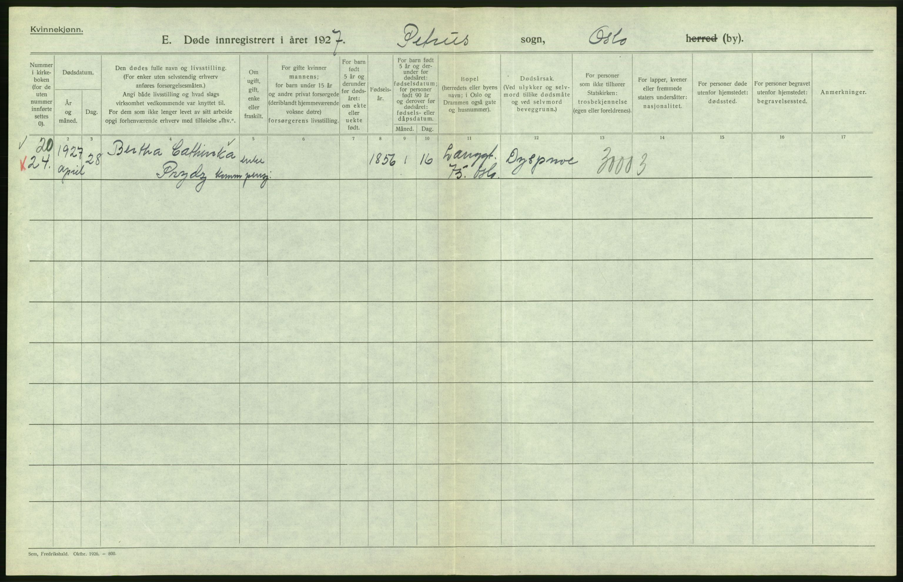 Statistisk sentralbyrå, Sosiodemografiske emner, Befolkning, AV/RA-S-2228/D/Df/Dfc/Dfcg/L0010: Oslo: Døde kvinner, dødfødte, 1927, s. 410