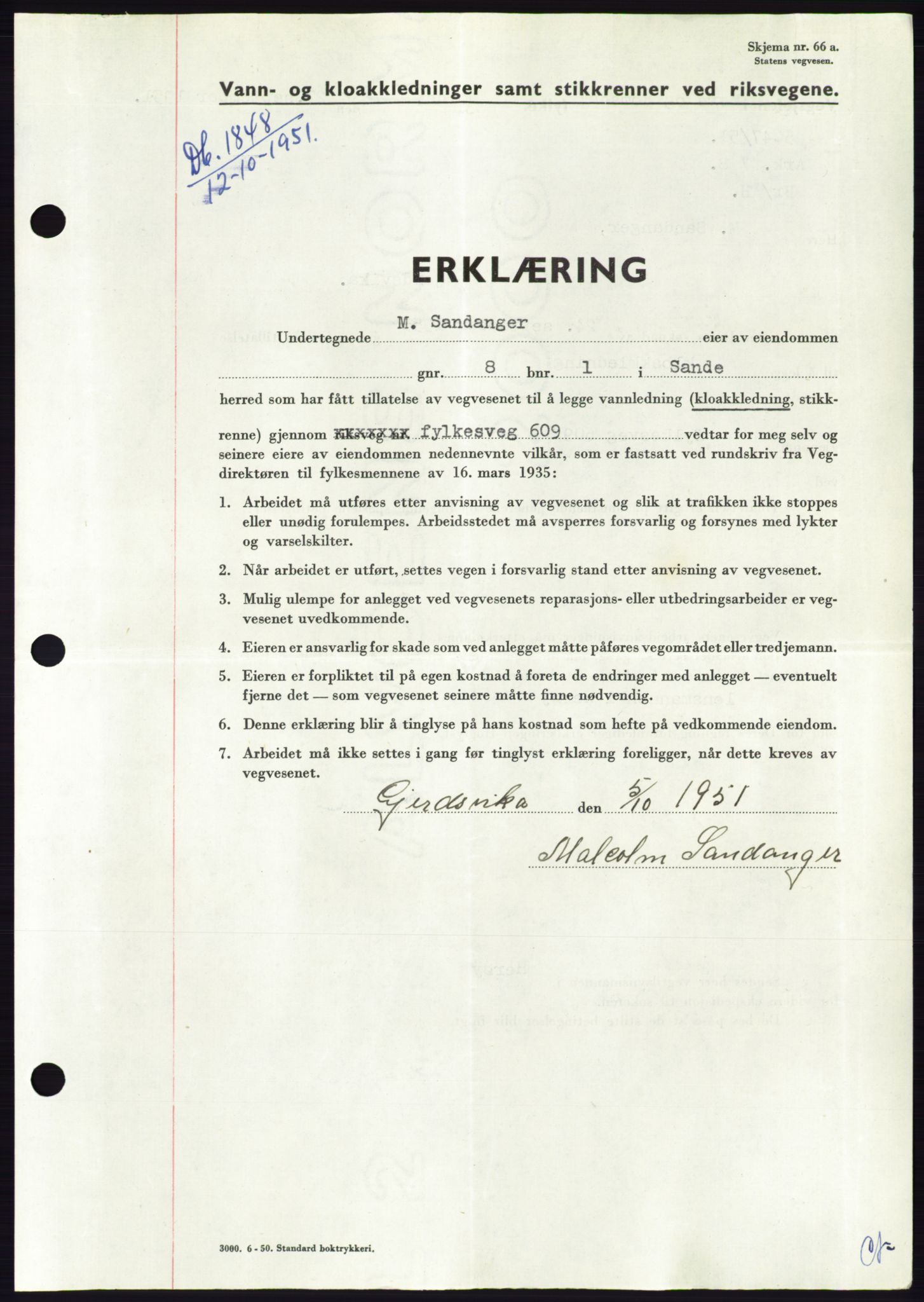 Søre Sunnmøre sorenskriveri, AV/SAT-A-4122/1/2/2C/L0090: Pantebok nr. 16A, 1951-1951, Dagboknr: 1848/1951