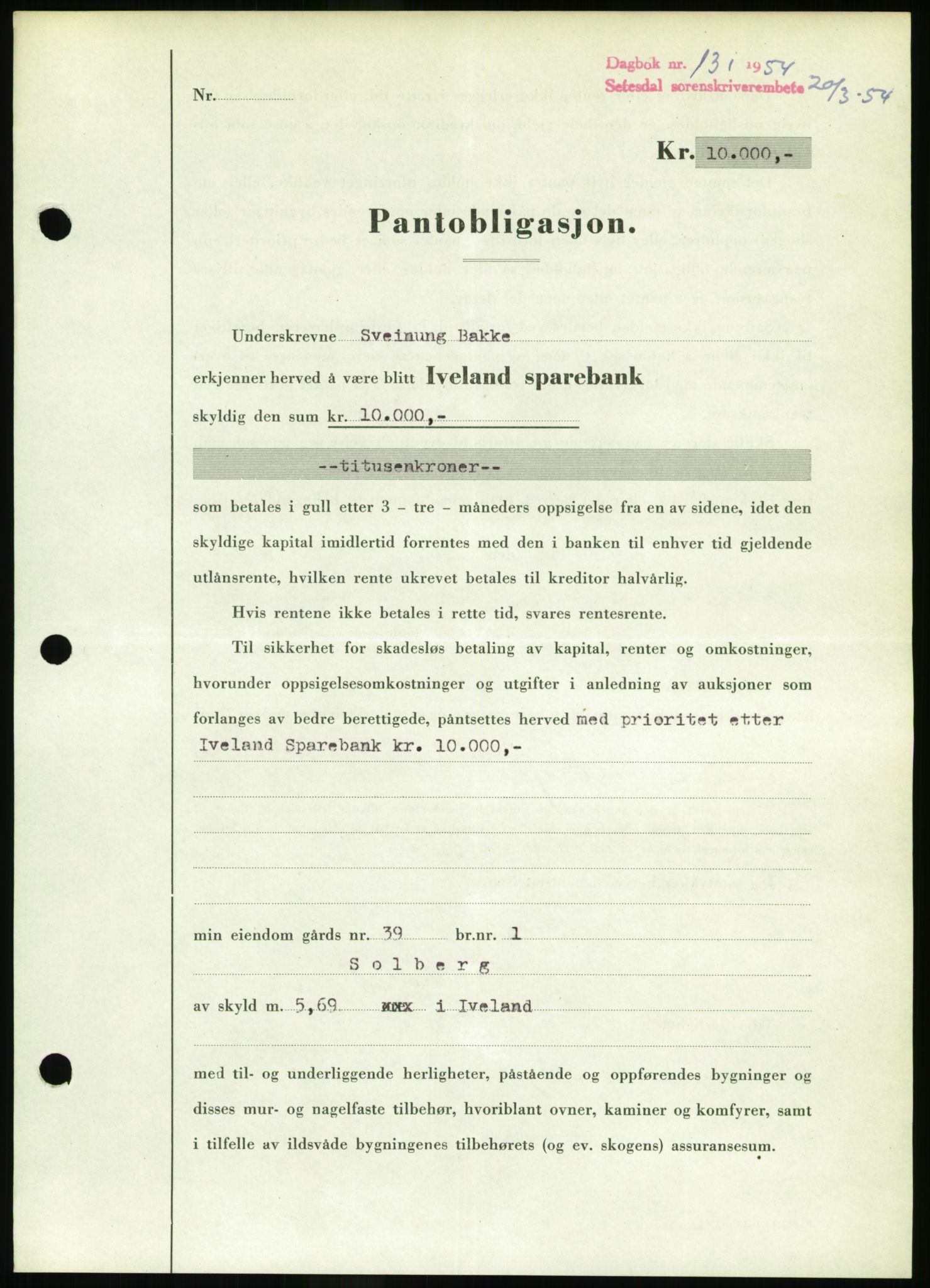 Setesdal sorenskriveri, SAK/1221-0011/G/Gb/L0052: Pantebok nr. B 40, 1954-1955, Dagboknr: 131/1954