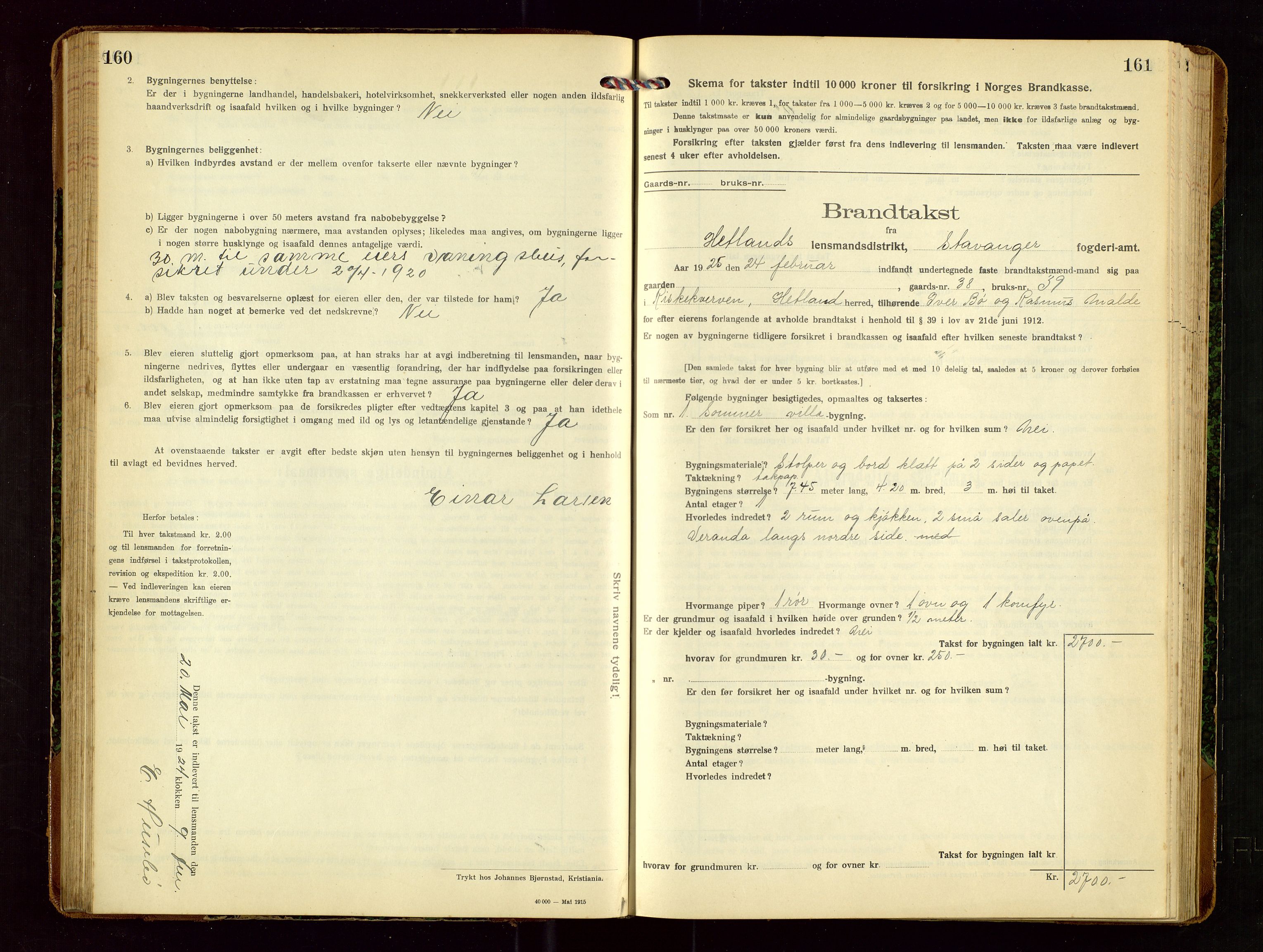 Hetland lensmannskontor, SAST/A-100101/Gob/L0002: "Brandtakstprotokol", 1918-1932, s. 160-161