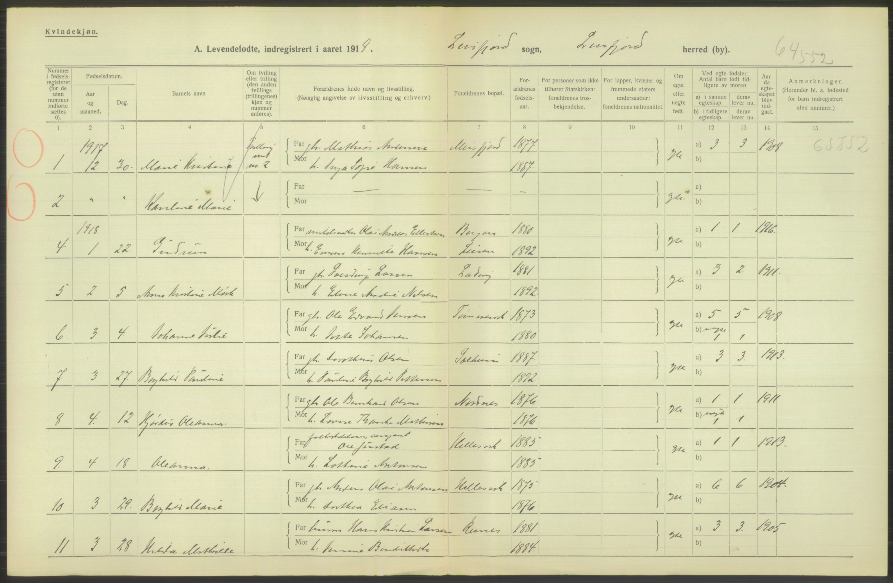 Statistisk sentralbyrå, Sosiodemografiske emner, Befolkning, AV/RA-S-2228/D/Df/Dfb/Dfbh/L0052: Nordland fylke: Levendefødte menn og kvinner. Bygder., 1918, s. 650