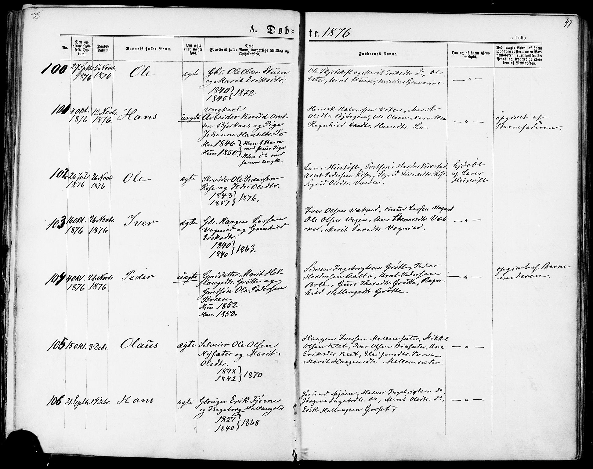 Ministerialprotokoller, klokkerbøker og fødselsregistre - Sør-Trøndelag, AV/SAT-A-1456/678/L0900: Ministerialbok nr. 678A09, 1872-1881, s. 47