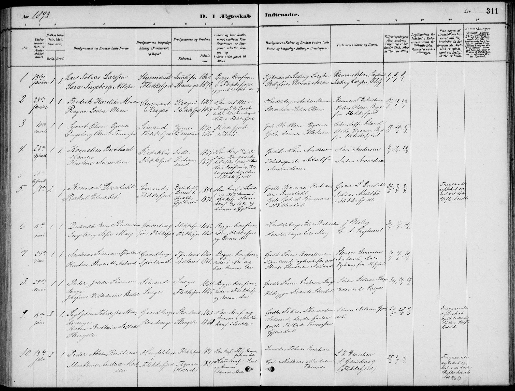 Flekkefjord sokneprestkontor, SAK/1111-0012/F/Fb/Fbc/L0007: Klokkerbok nr. B 7, 1880-1902, s. 311