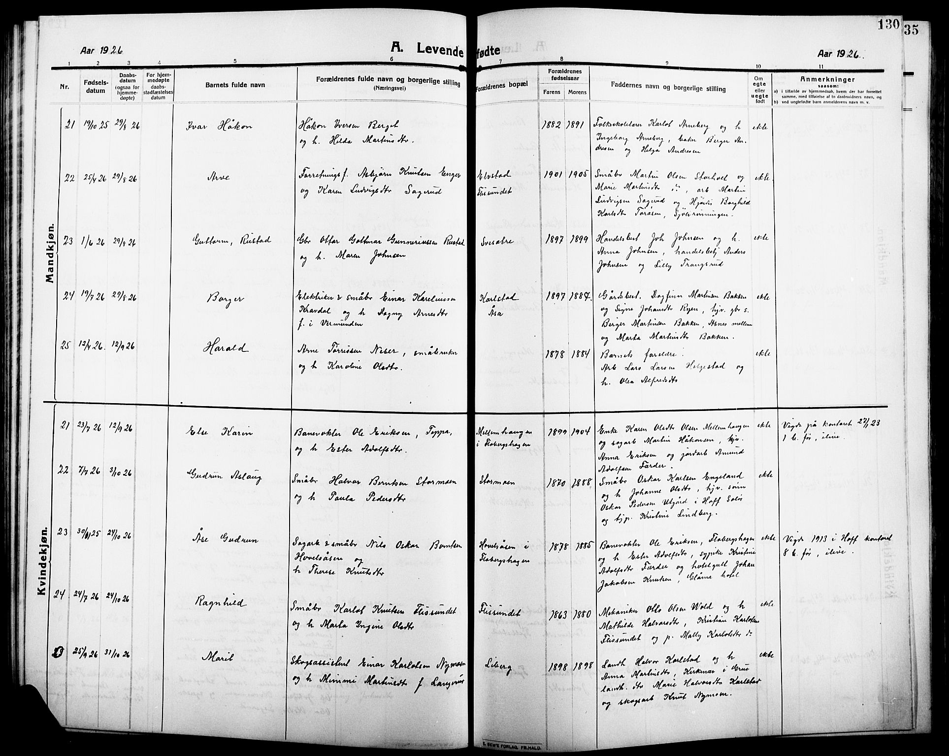 Åsnes prestekontor, AV/SAH-PREST-042/H/Ha/Hab/L0007: Klokkerbok nr. 7, 1909-1926, s. 130