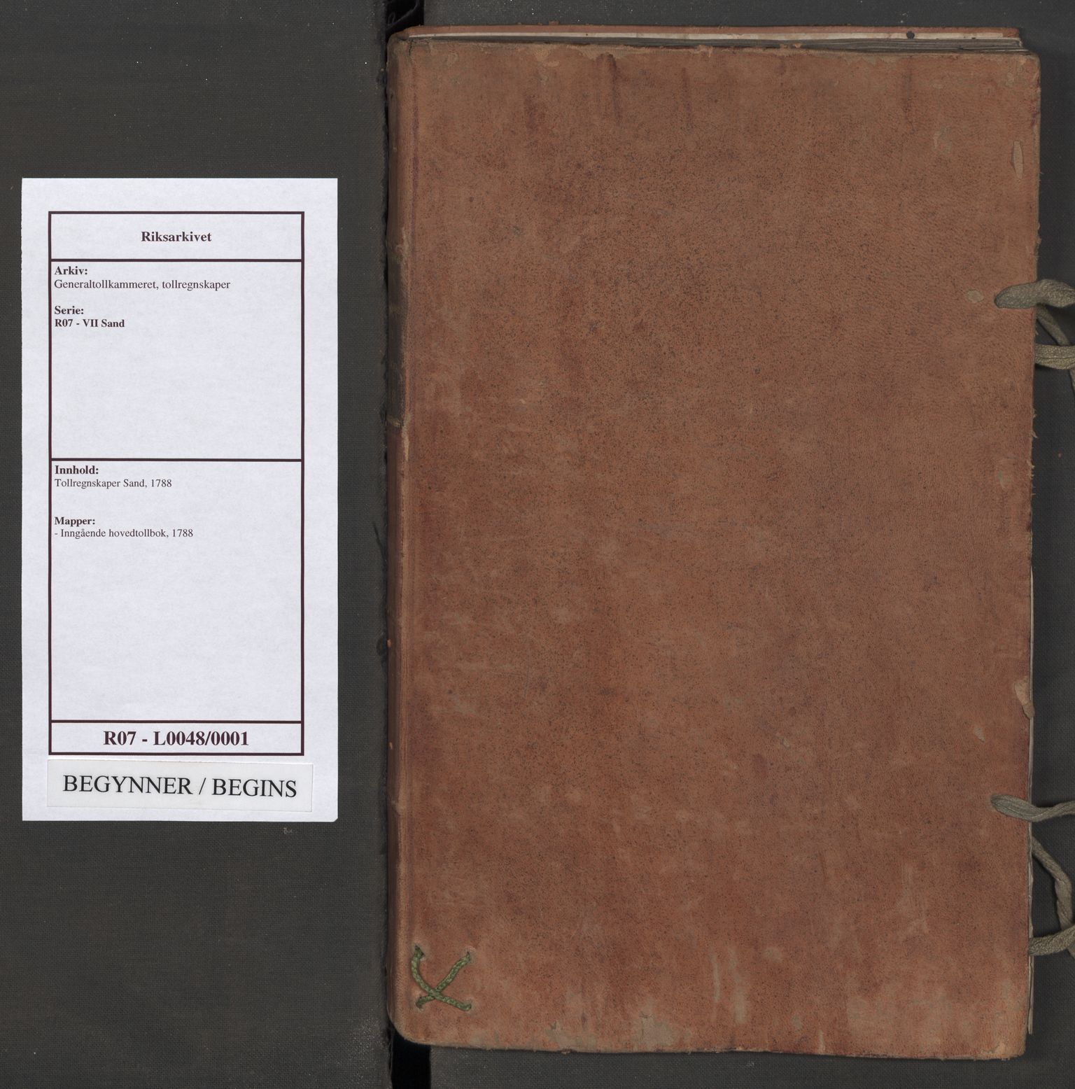 Generaltollkammeret, tollregnskaper, AV/RA-EA-5490/R07/L0048/0001: Tollregnskaper Sand / Inngående hovedtollbok, 1788