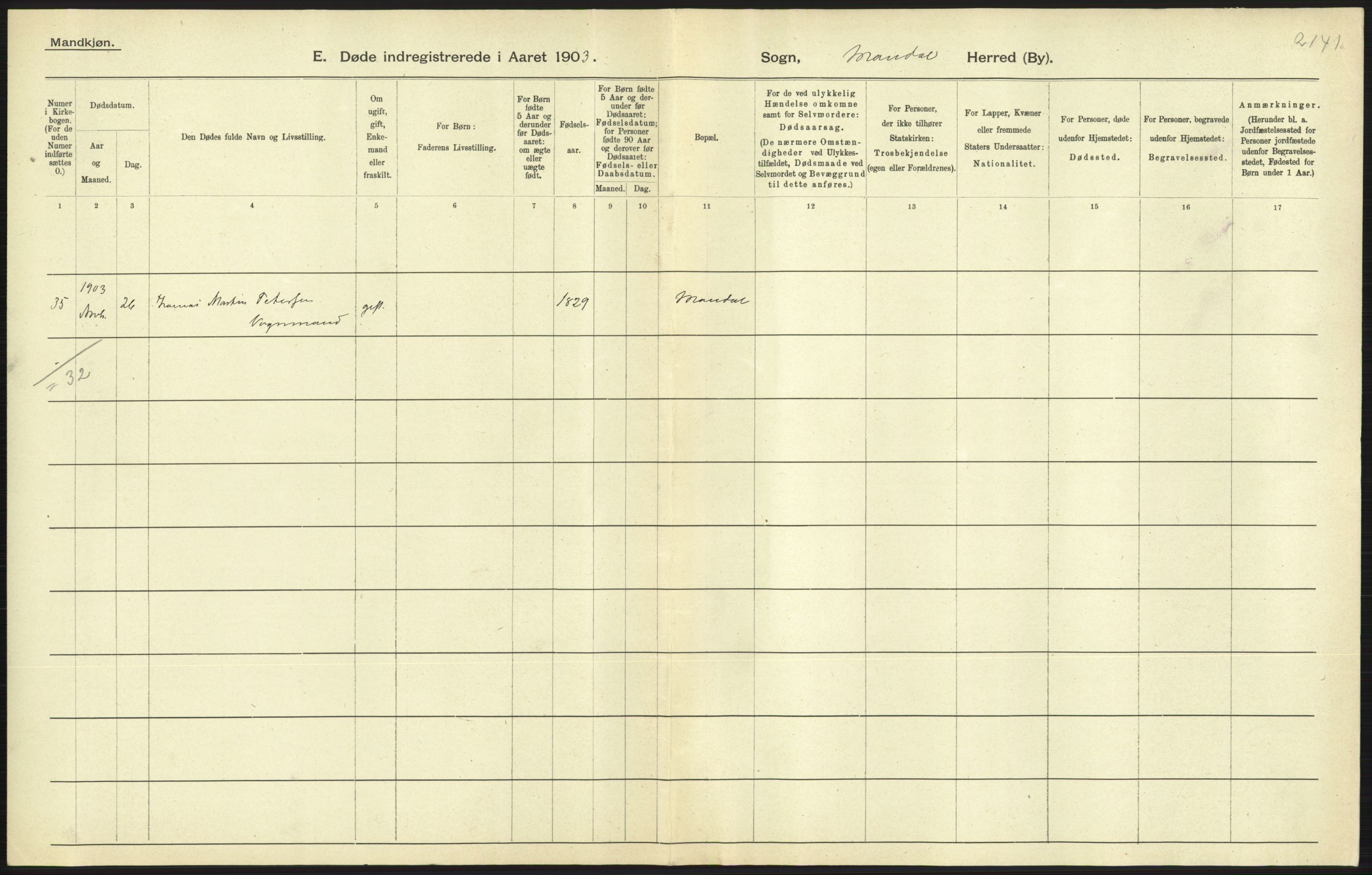 Statistisk sentralbyrå, Sosiodemografiske emner, Befolkning, AV/RA-S-2228/D/Df/Dfa/Dfaa/L0011: Lister og Mandal amt: Fødte, gifte, døde, 1903, s. 527