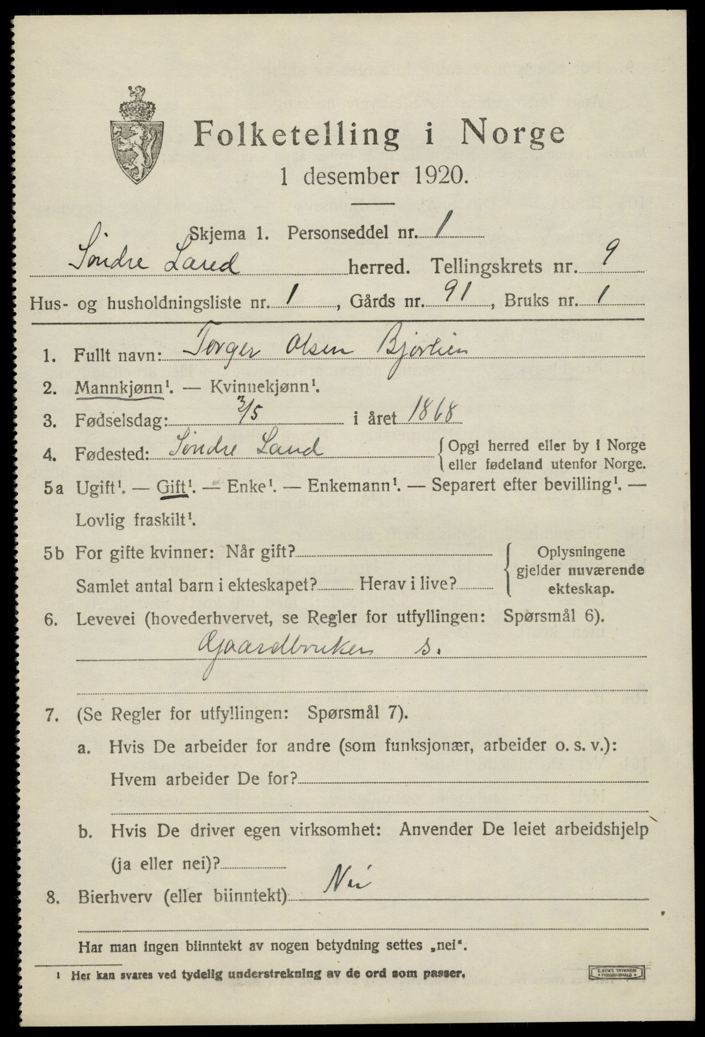 SAH, Folketelling 1920 for 0536 Søndre Land herred, 1920, s. 8179