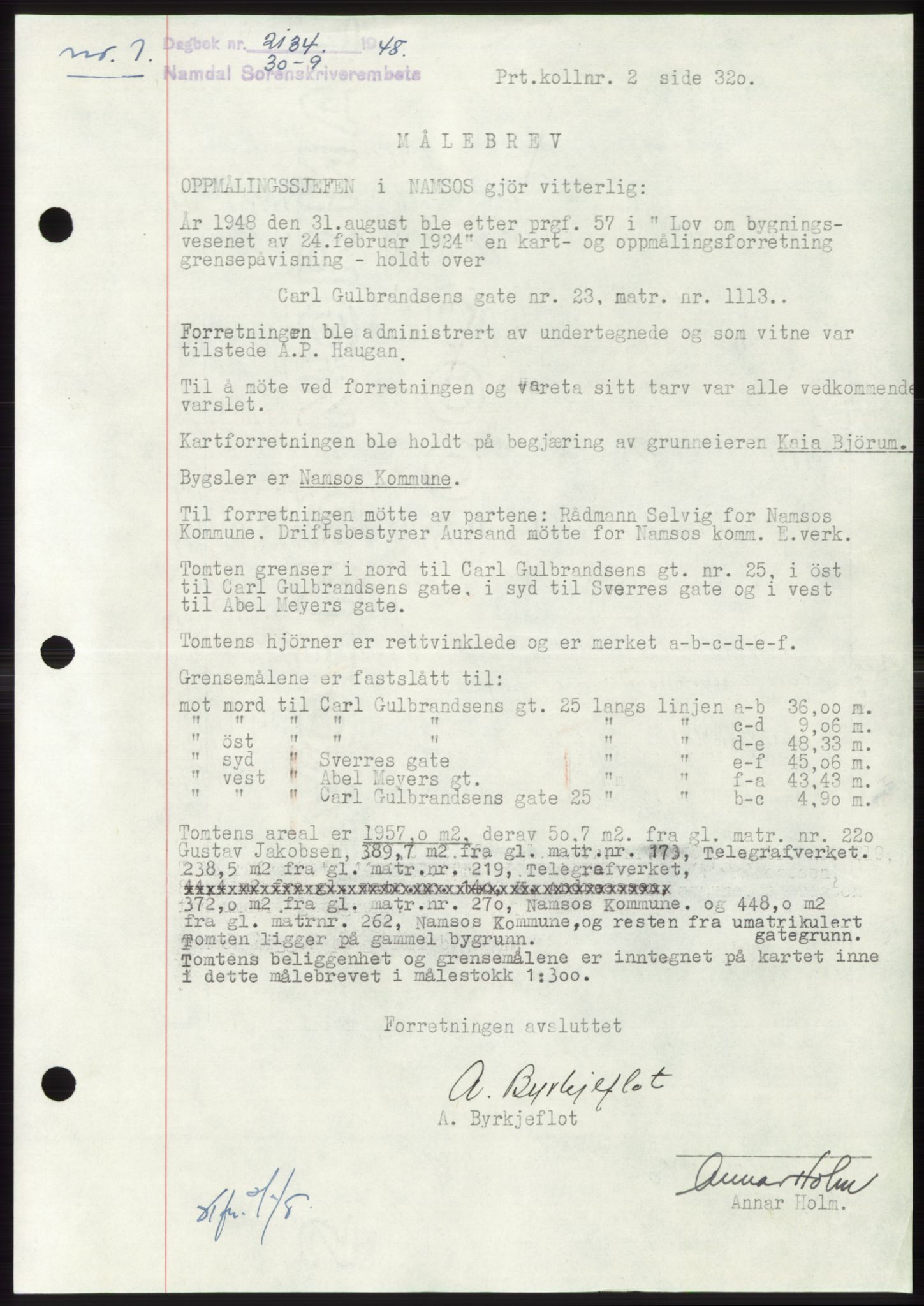 Namdal sorenskriveri, SAT/A-4133/1/2/2C: Pantebok nr. -, 1948-1948, Dagboknr: 2134/1948