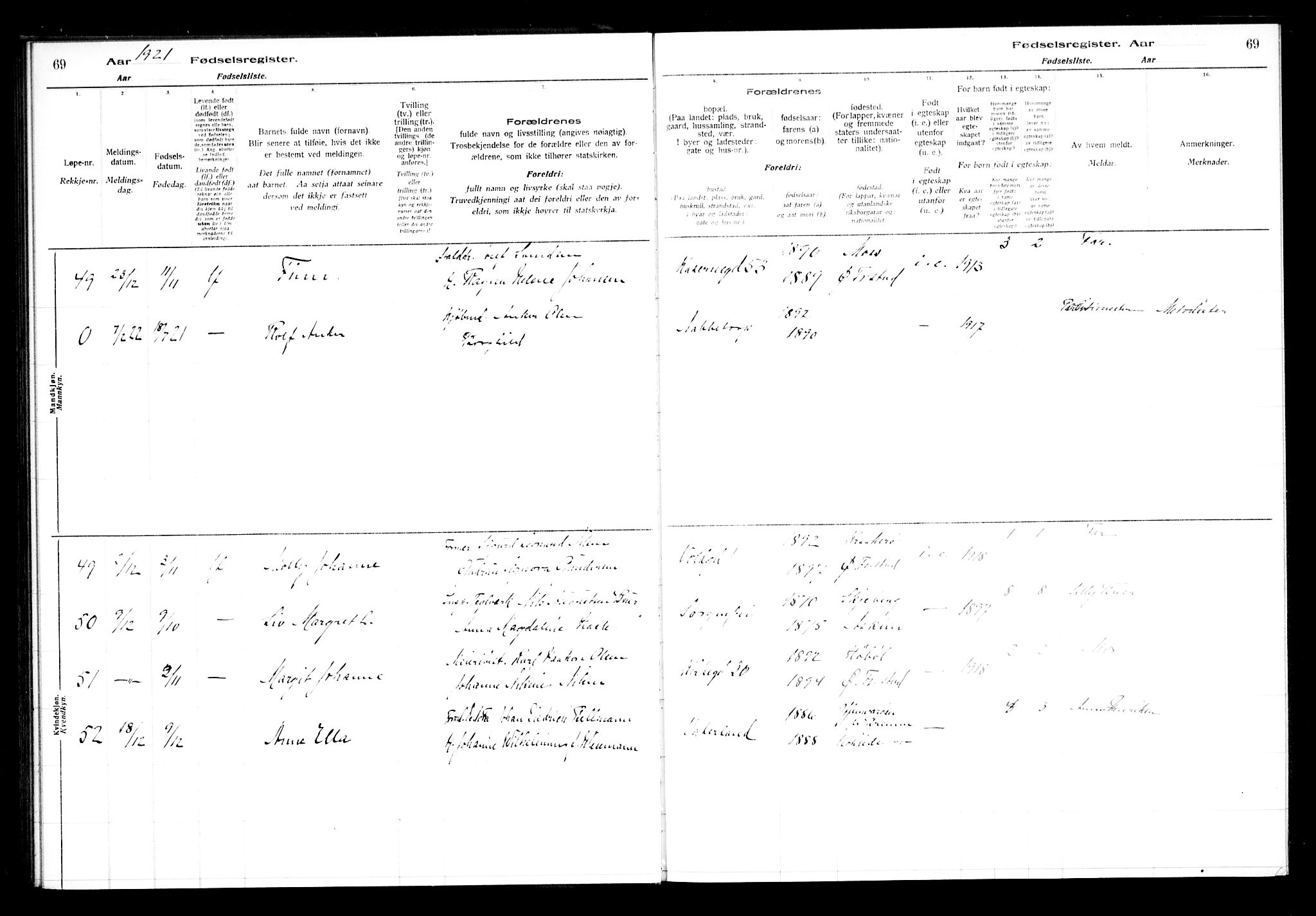 Østre Fredrikstad prestekontor Kirkebøker, AV/SAO-A-10907/J/Ja/L0001: Fødselsregister nr. 1, 1916-1936, s. 69