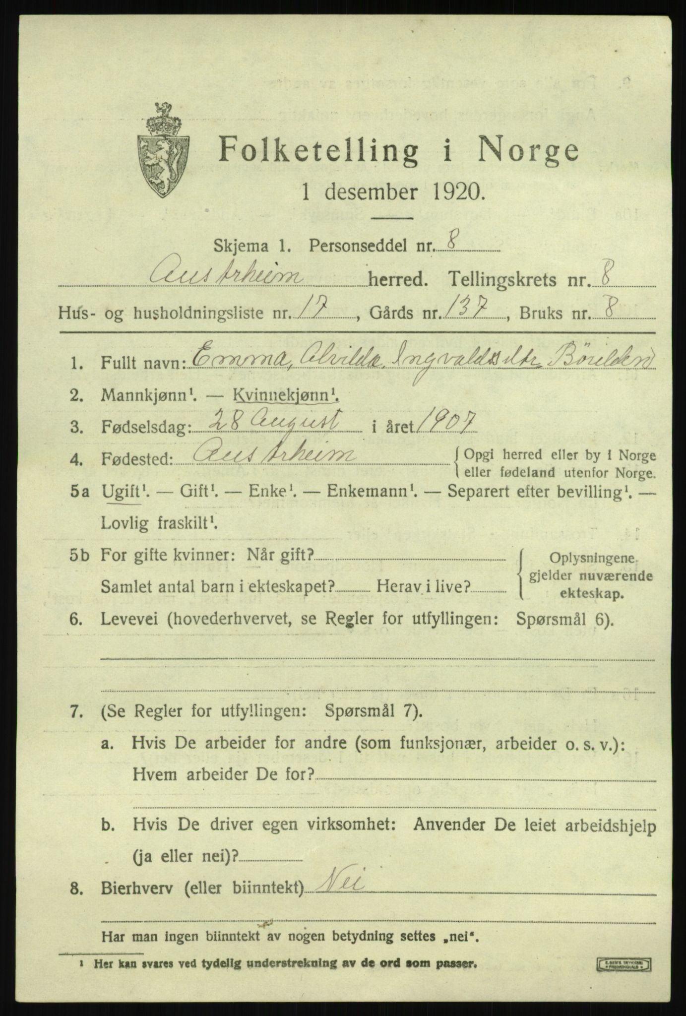 SAB, Folketelling 1920 for 1264 Austrheim herred, 1920, s. 3184