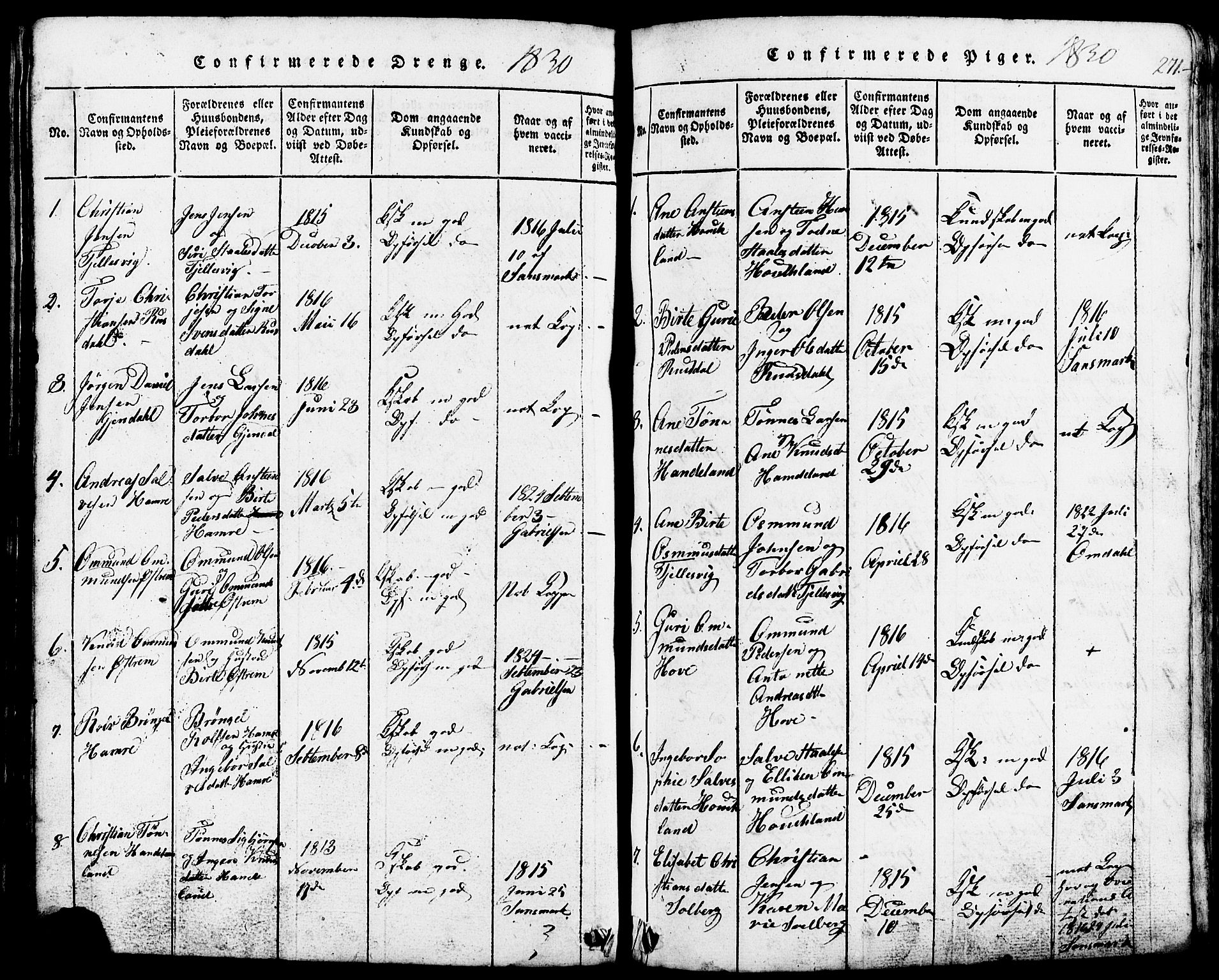 Lund sokneprestkontor, SAST/A-101809/S07/L0002: Klokkerbok nr. B 2, 1816-1832, s. 271
