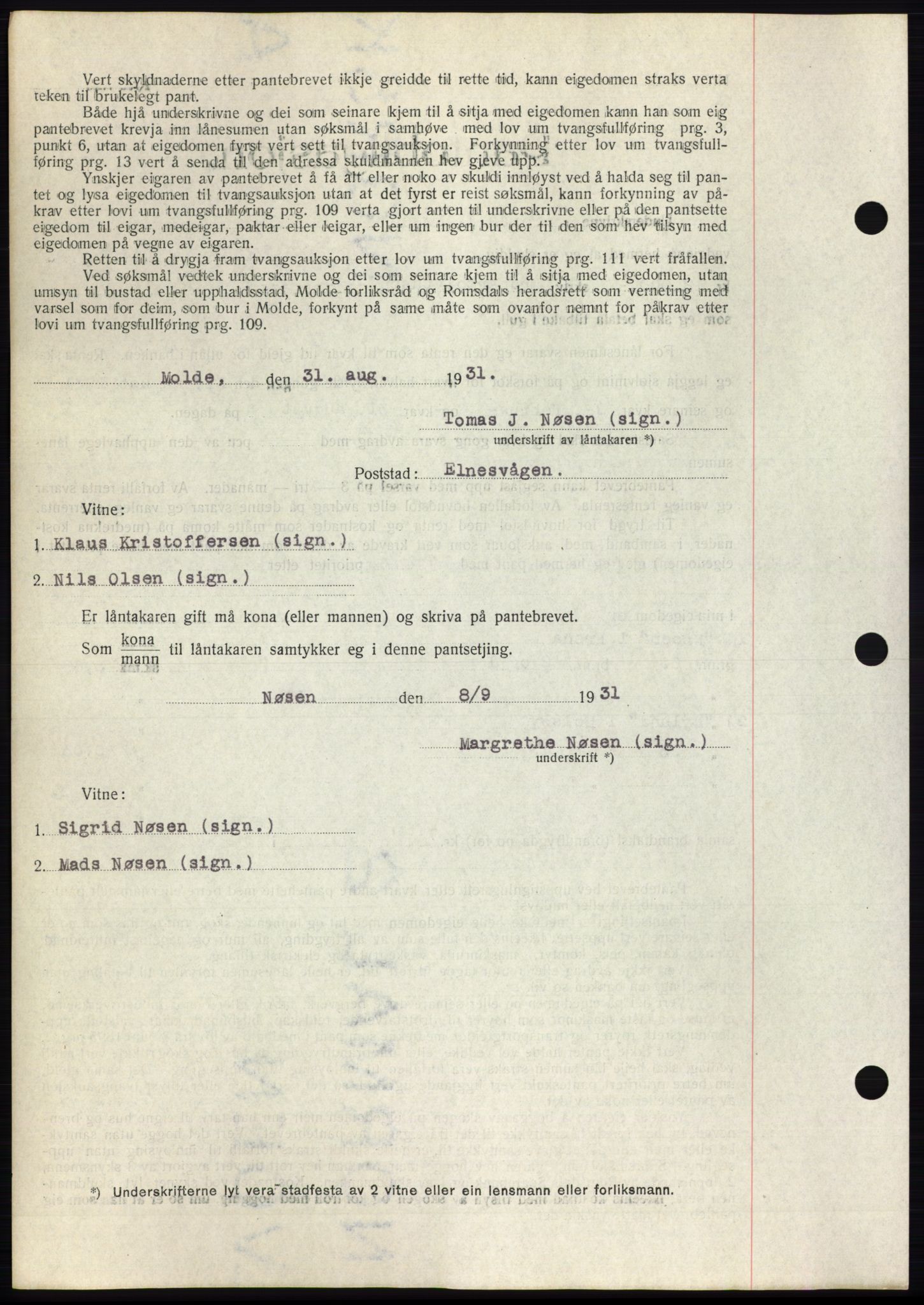 Romsdal sorenskriveri, AV/SAT-A-4149/1/2/2C/L0060: Pantebok nr. 54, 1931-1932, Tingl.dato: 01.10.1931